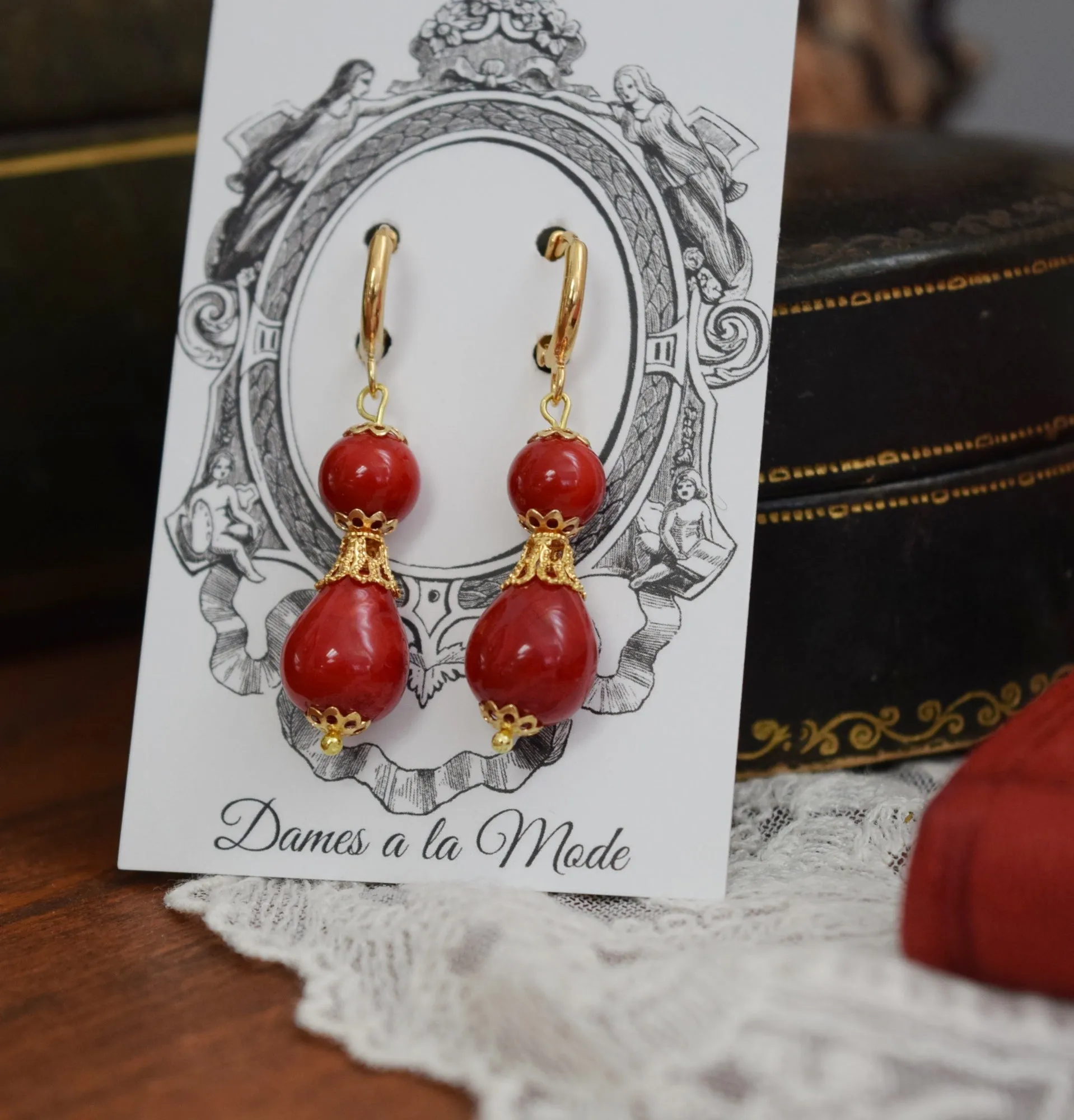 Red Coral and Filigree Teardrop Earrings