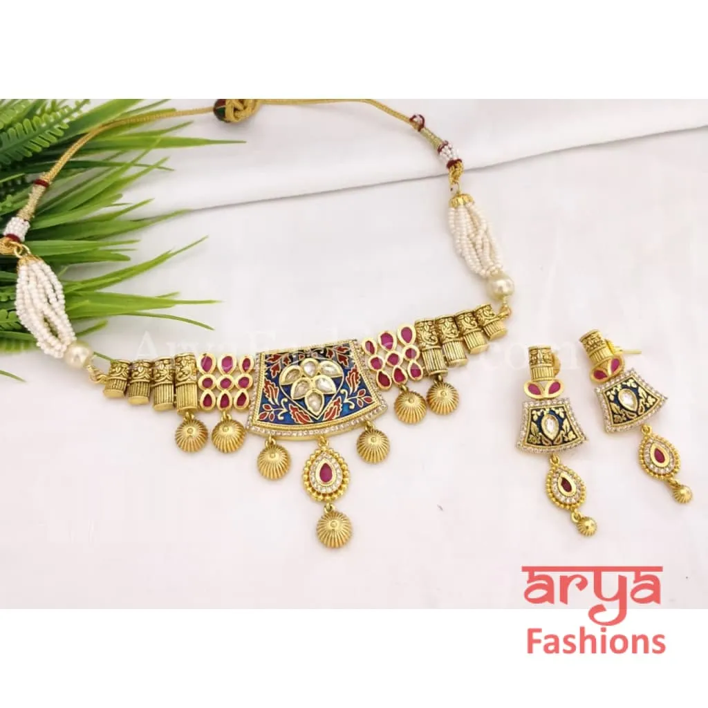 Reshma Rajwadi Antique Kundan Choker with Meenakari