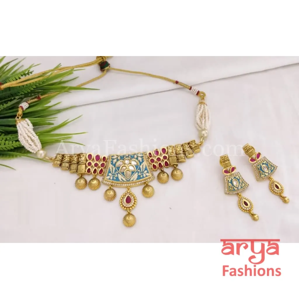 Reshma Rajwadi Antique Kundan Choker with Meenakari