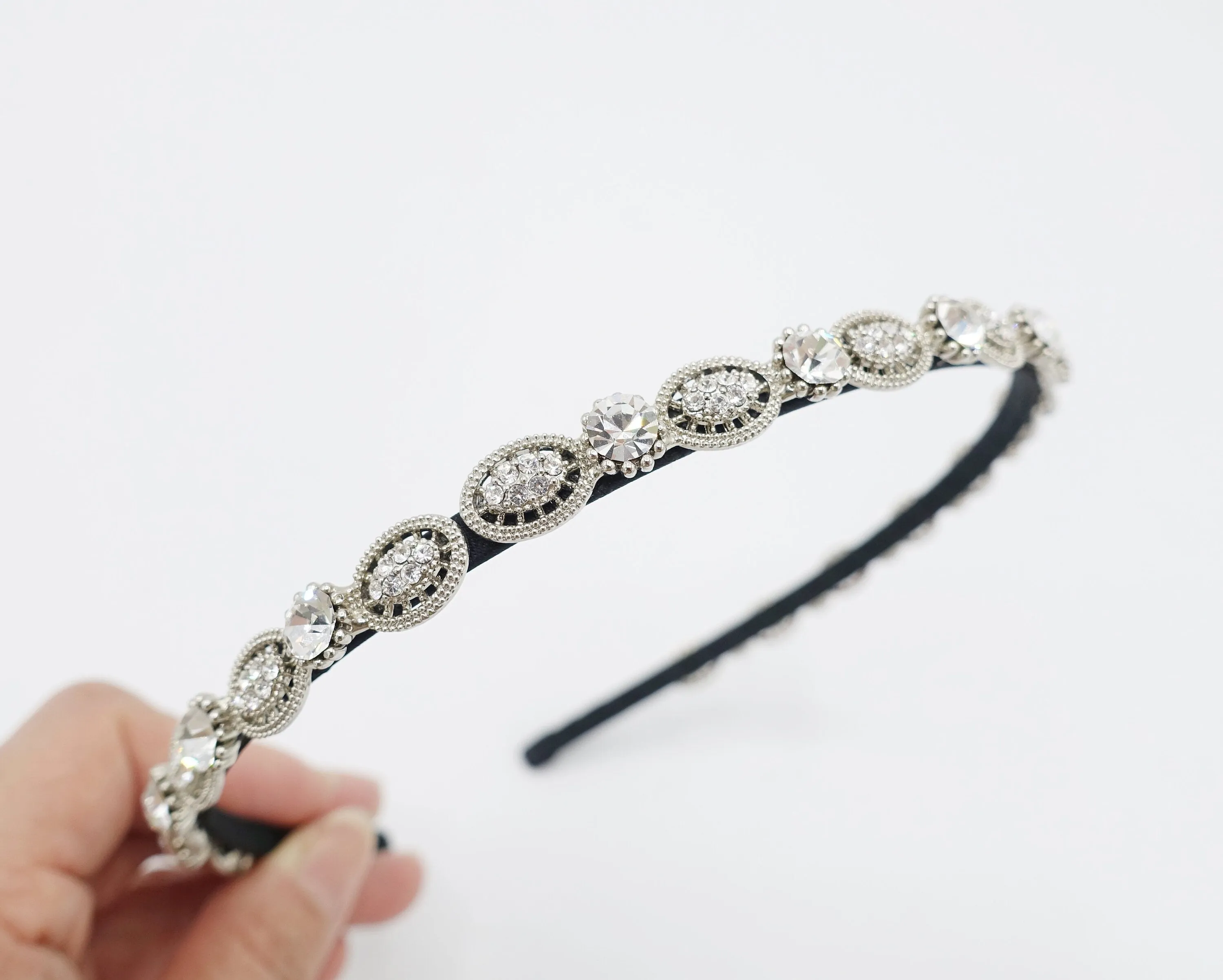 rhinestone ribbon bow ellipse embellished headband thin crystal hairband bling women hair accessory