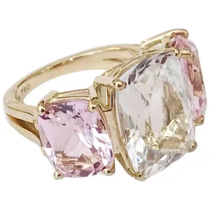 Rock Crystal and Pink Topaz Yellow Gold Three-Stone Cushion Ring