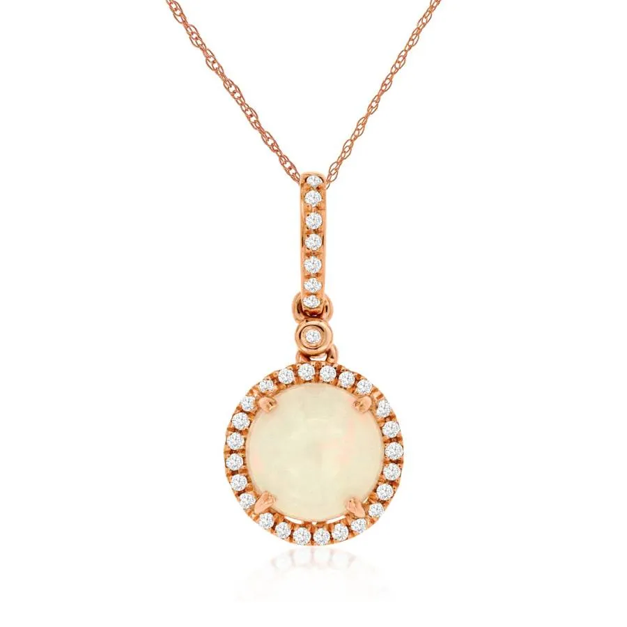 Round Cabochon Ethiopian Jelly Opal Pendant Necklace with Diamond Pave Accents in Rose Gold