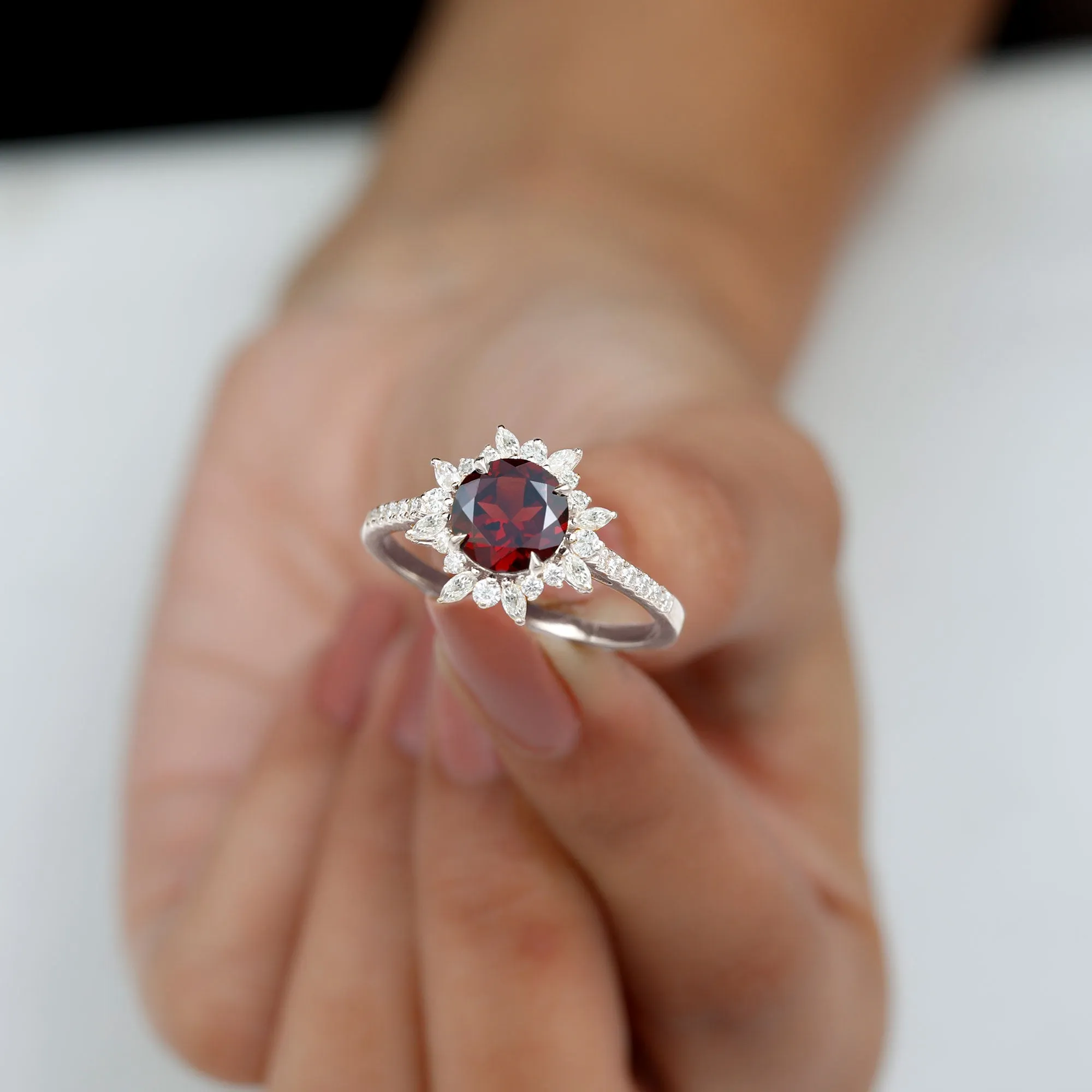 Round Garnet Statement Ring with Diamond Floral Halo