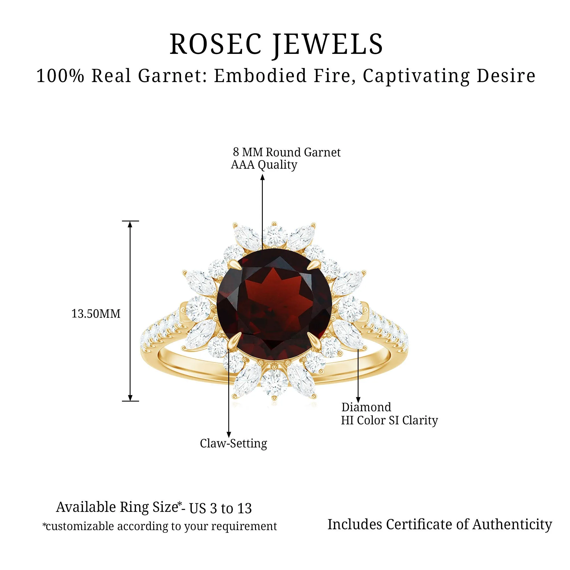 Round Garnet Statement Ring with Diamond Floral Halo