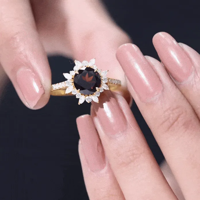 Round Garnet Statement Ring with Diamond Floral Halo