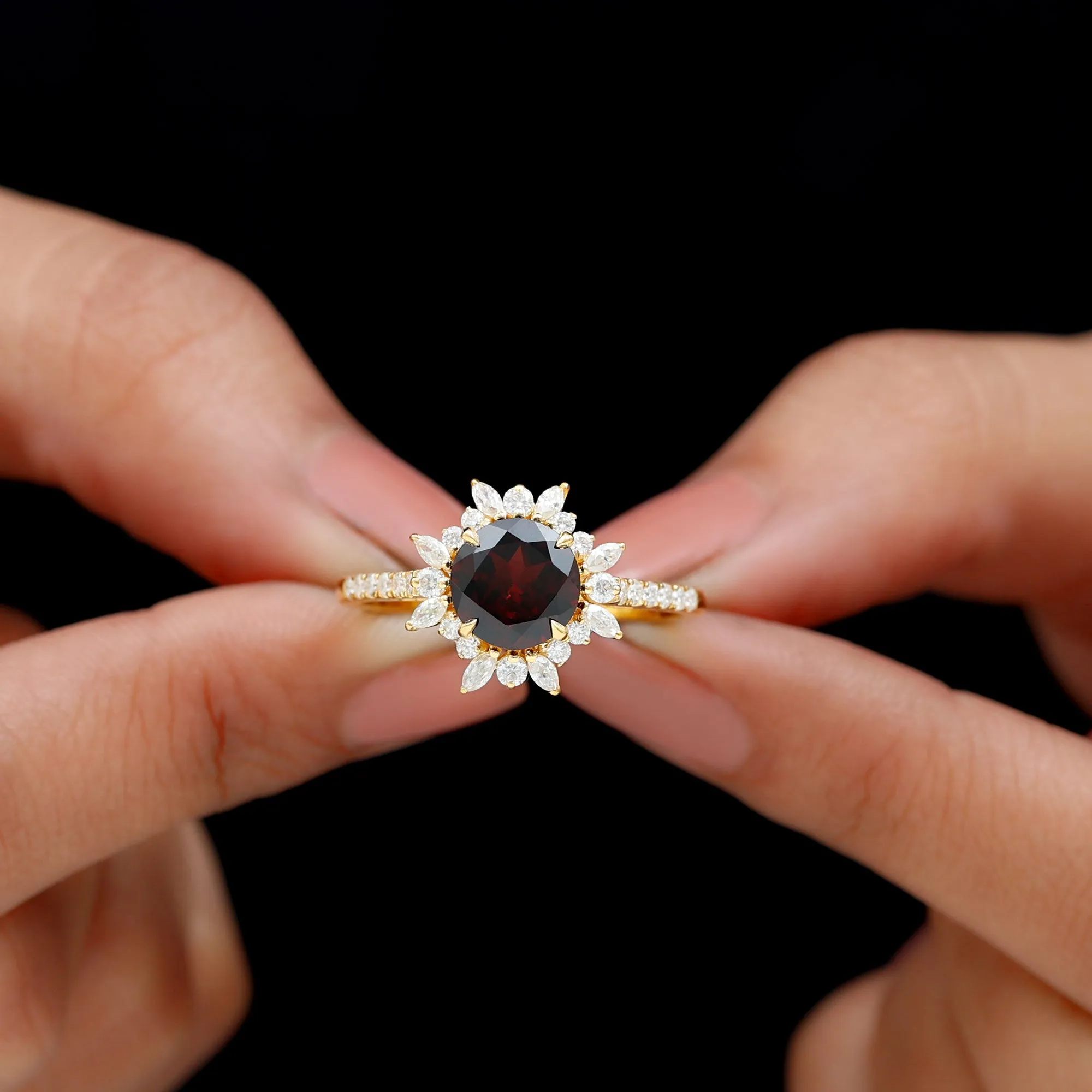 Round Garnet Statement Ring with Diamond Floral Halo