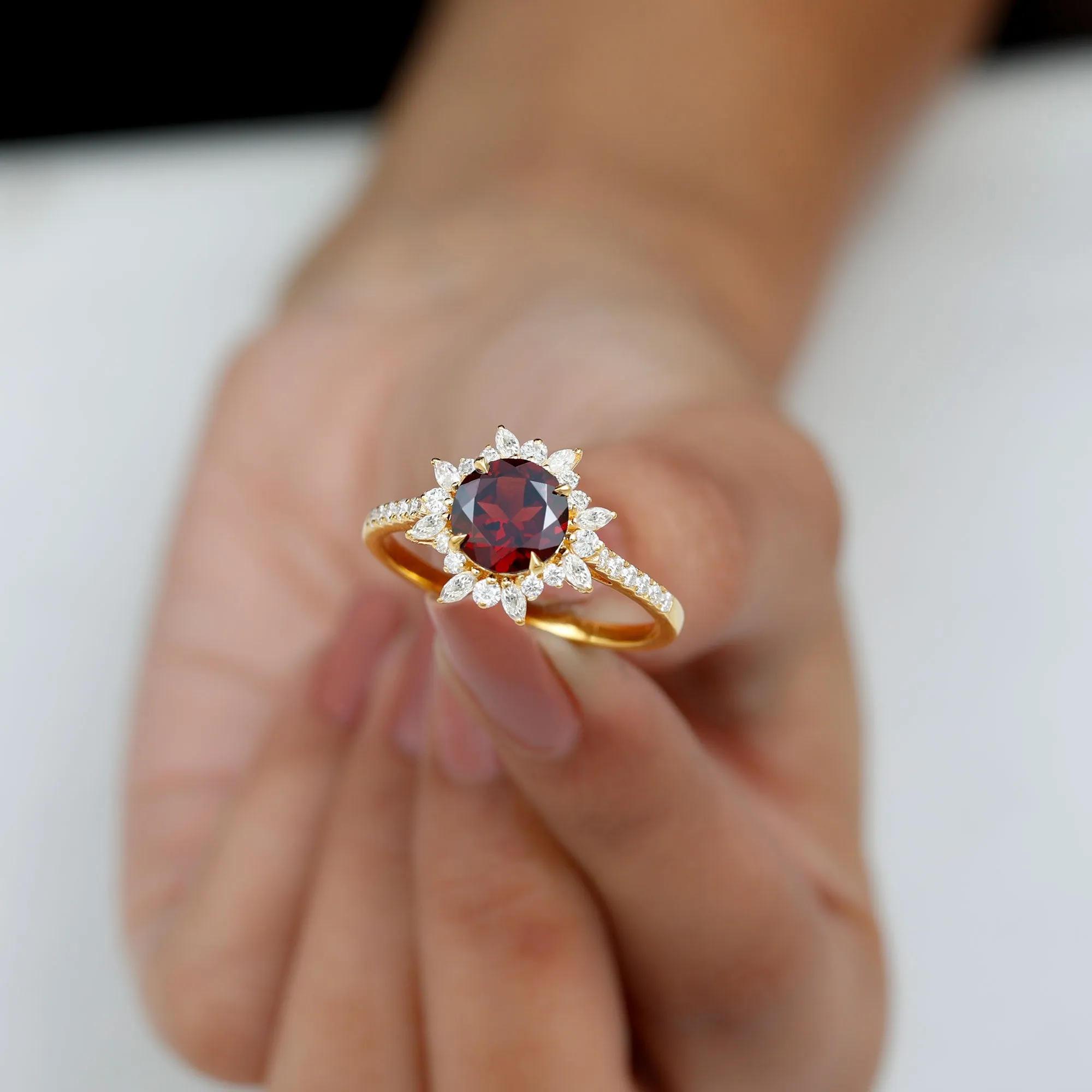 Round Garnet Statement Ring with Diamond Floral Halo