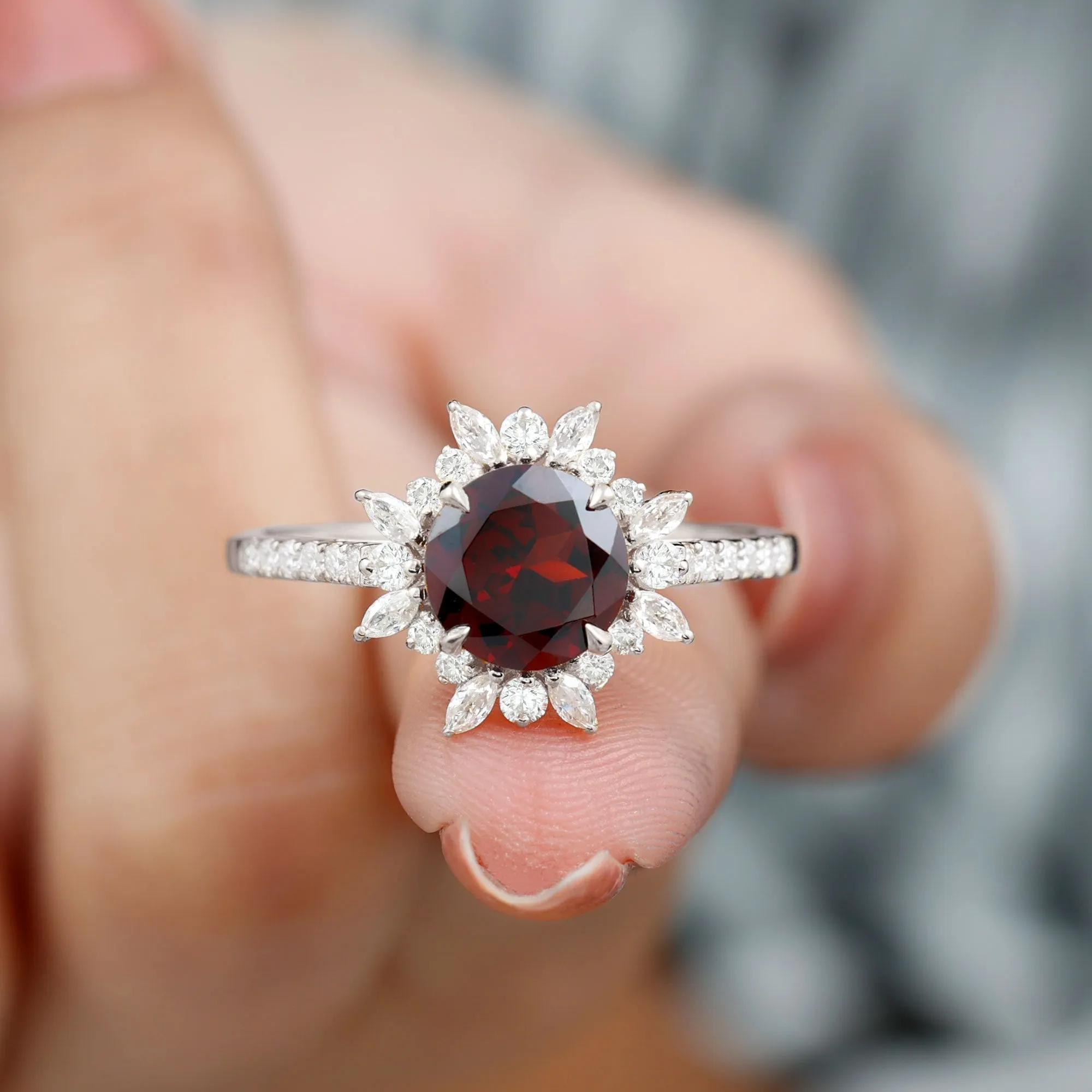 Round Garnet Statement Ring with Diamond Floral Halo