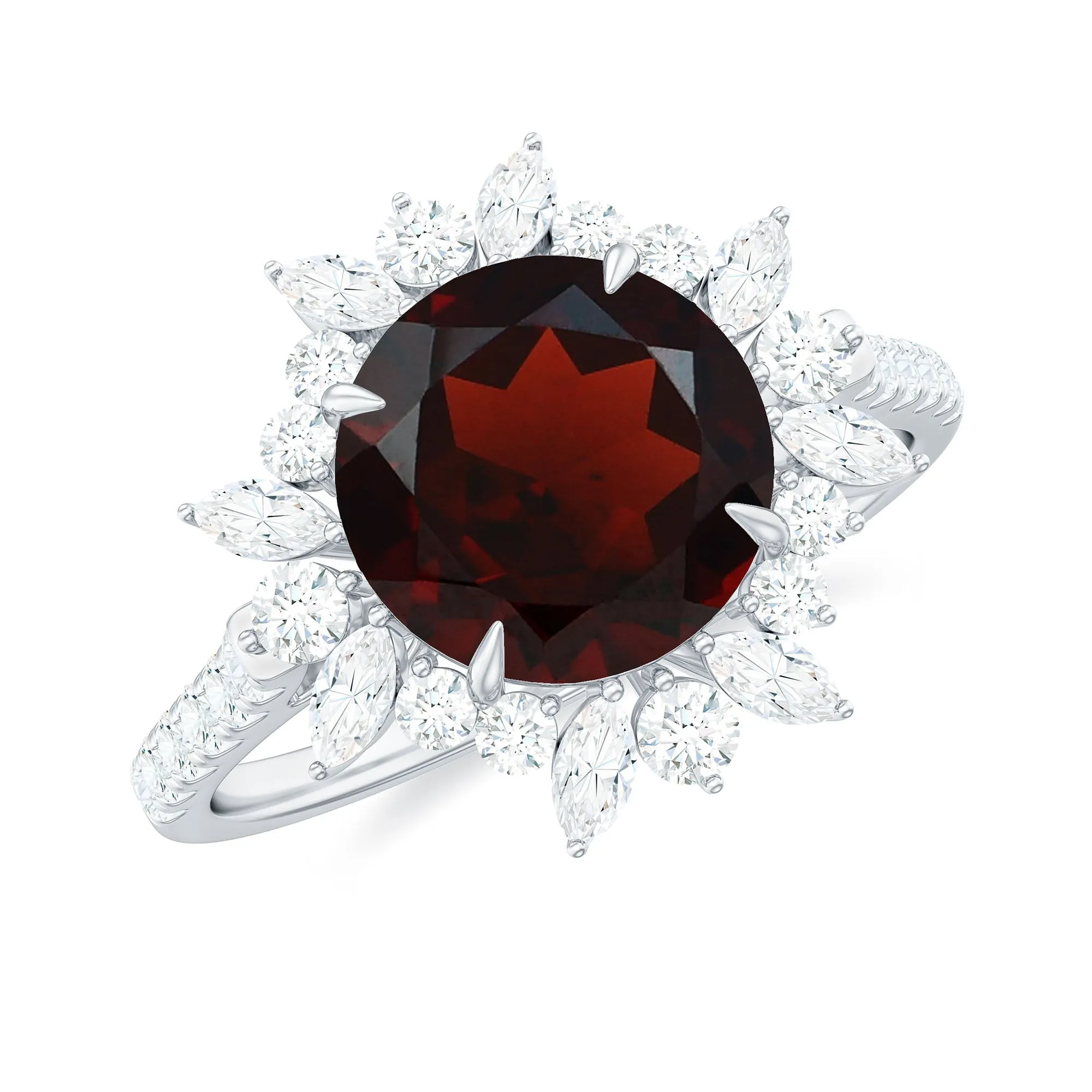 Round Garnet Statement Ring with Diamond Floral Halo