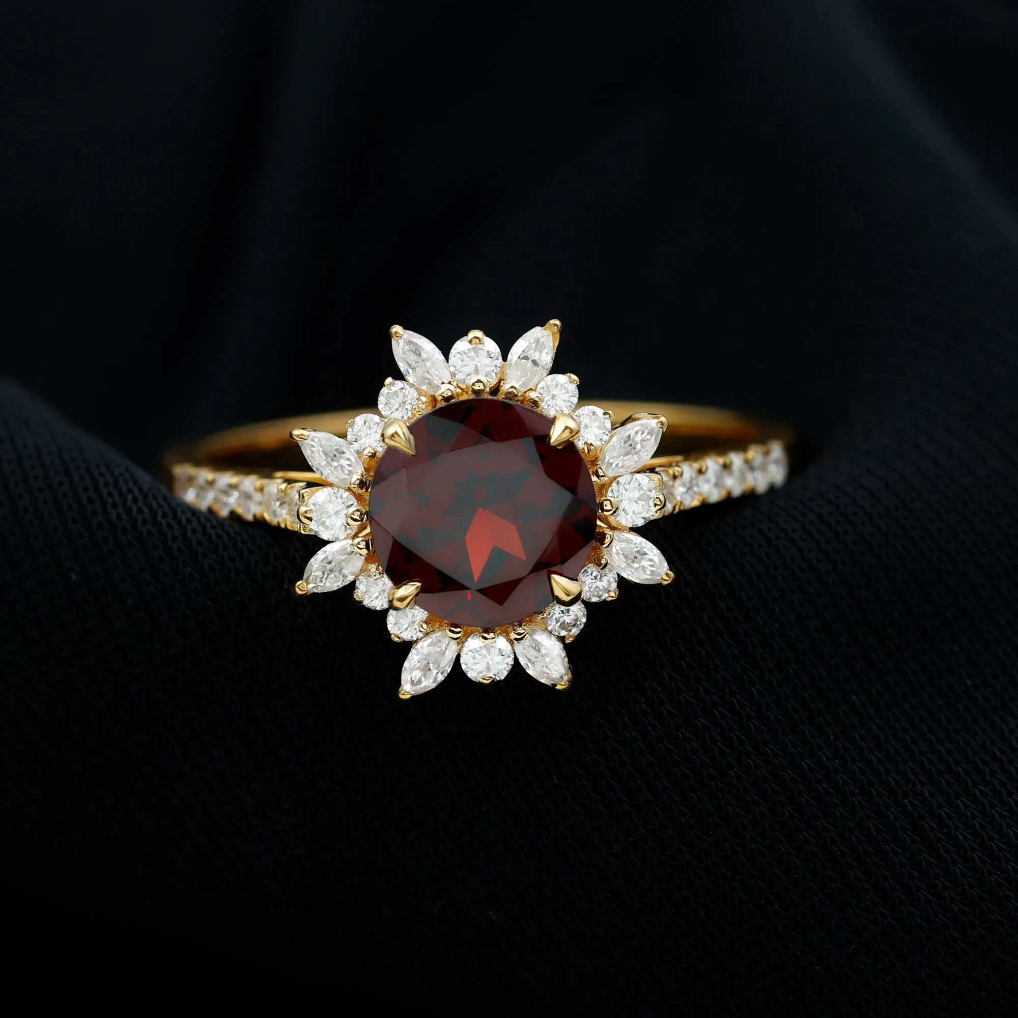 Round Garnet Statement Ring with Diamond Floral Halo