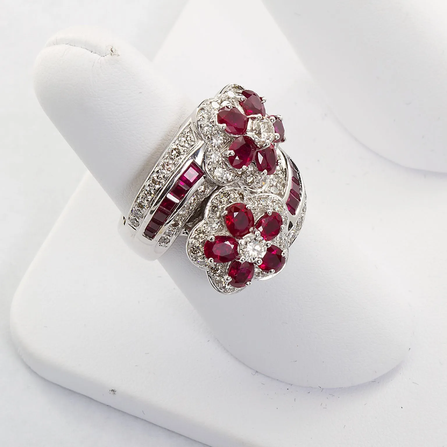 Ruby Diamond Twin Flower Ring, 9.00 Carat