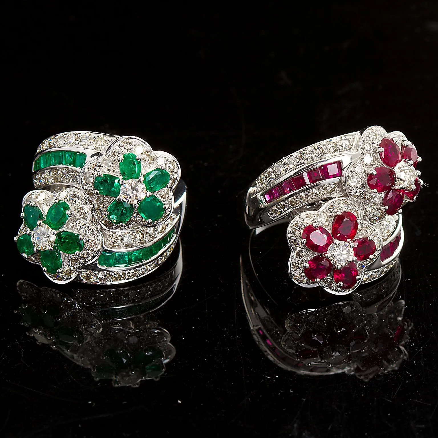 Ruby Diamond Twin Flower Ring, 9.00 Carat