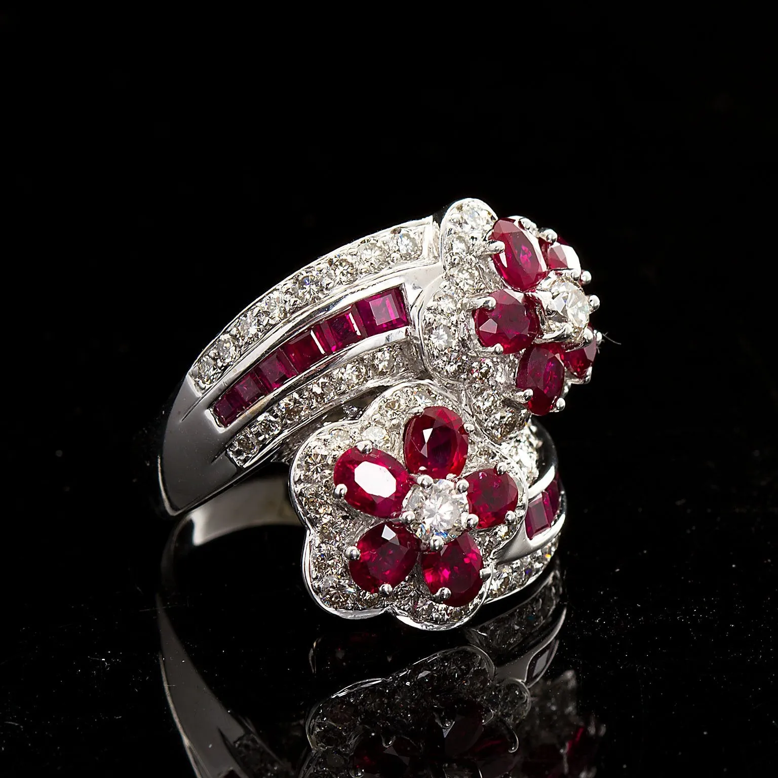 Ruby Diamond Twin Flower Ring, 9.00 Carat