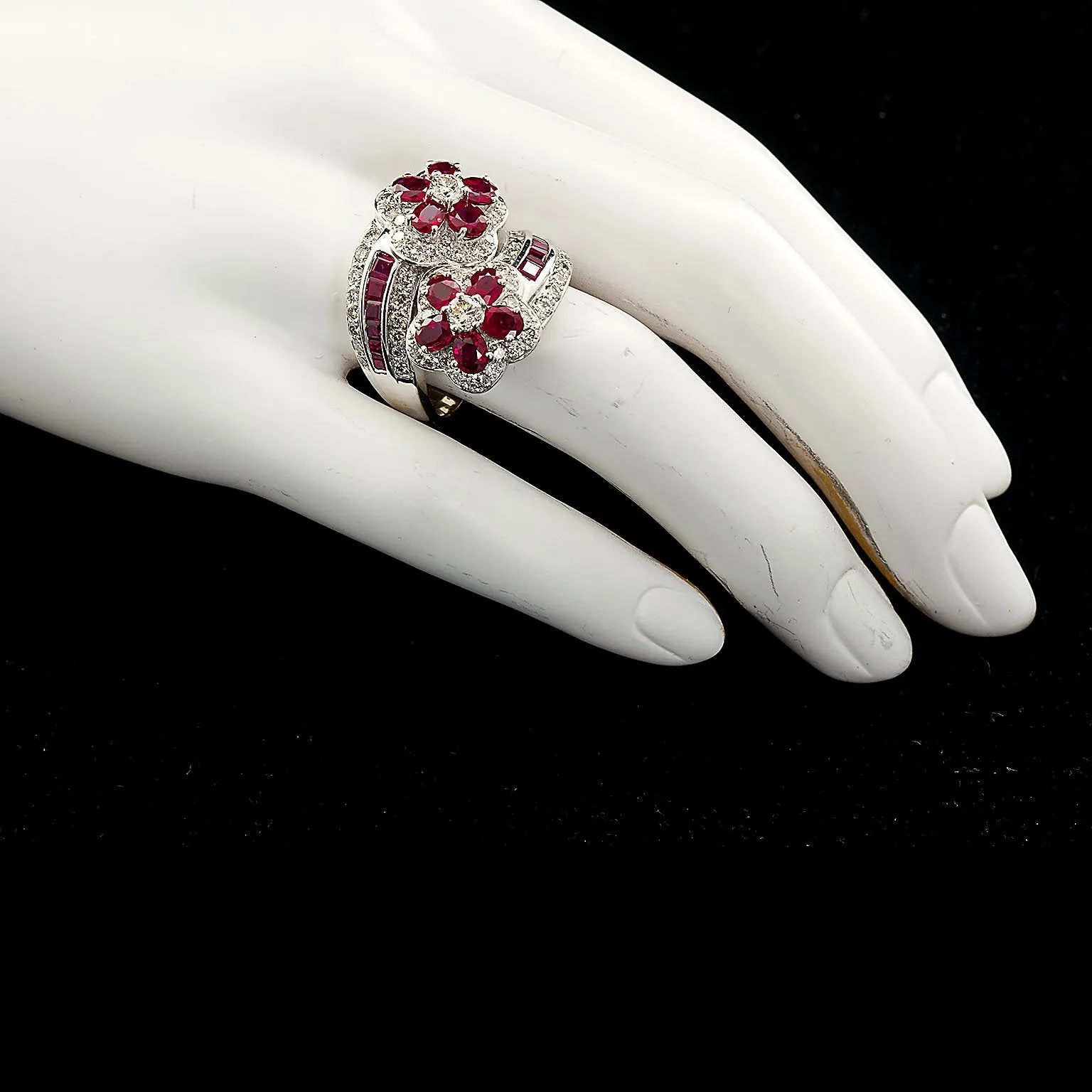 Ruby Diamond Twin Flower Ring, 9.00 Carat