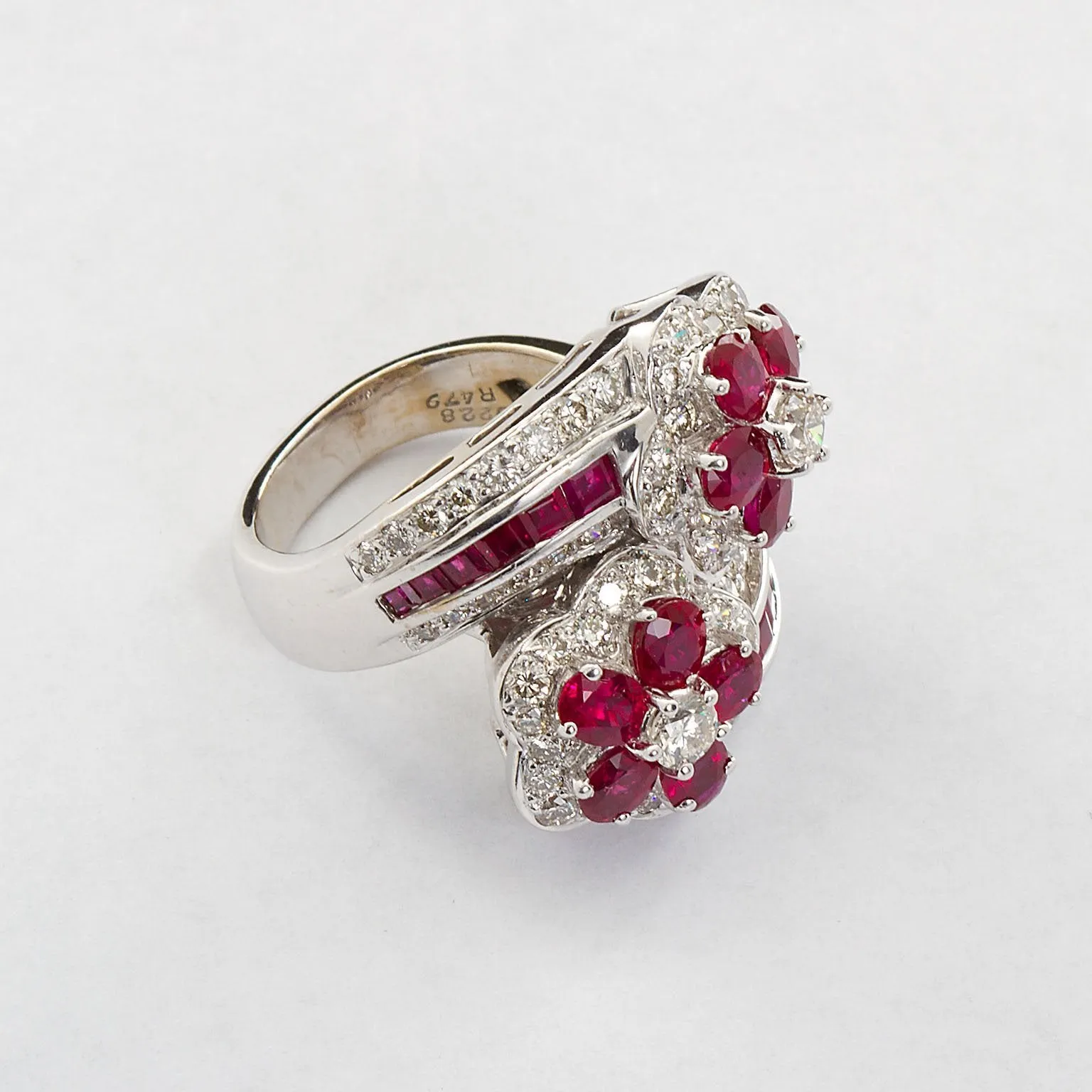 Ruby Diamond Twin Flower Ring, 9.00 Carat