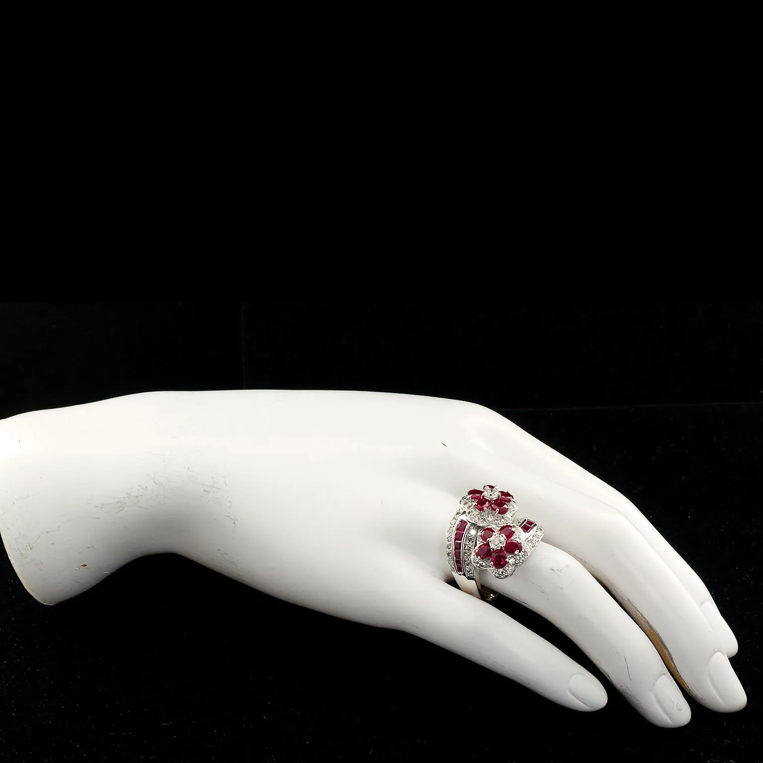 Ruby Diamond Twin Flower Ring, 9.00 Carat