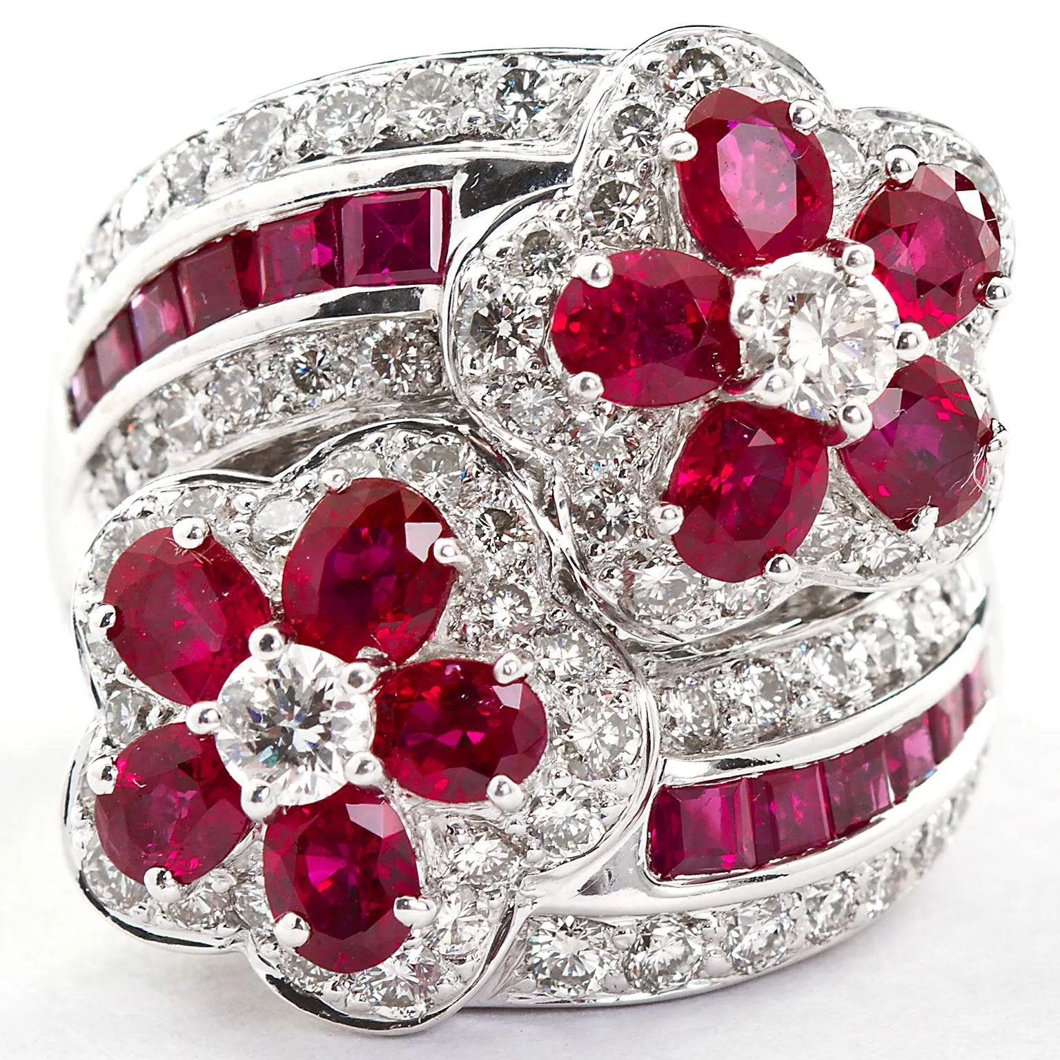 Ruby Diamond Twin Flower Ring, 9.00 Carat