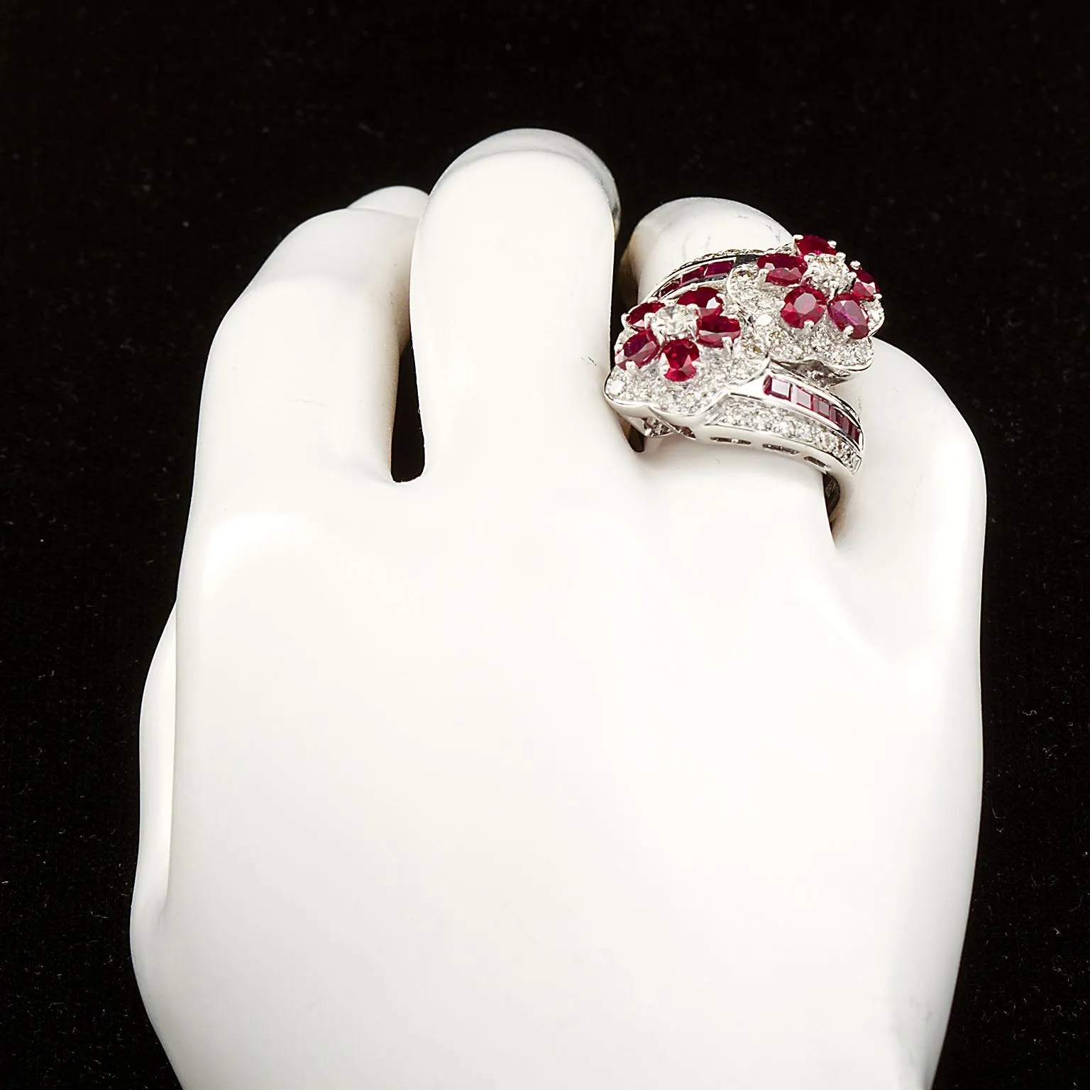 Ruby Diamond Twin Flower Ring, 9.00 Carat