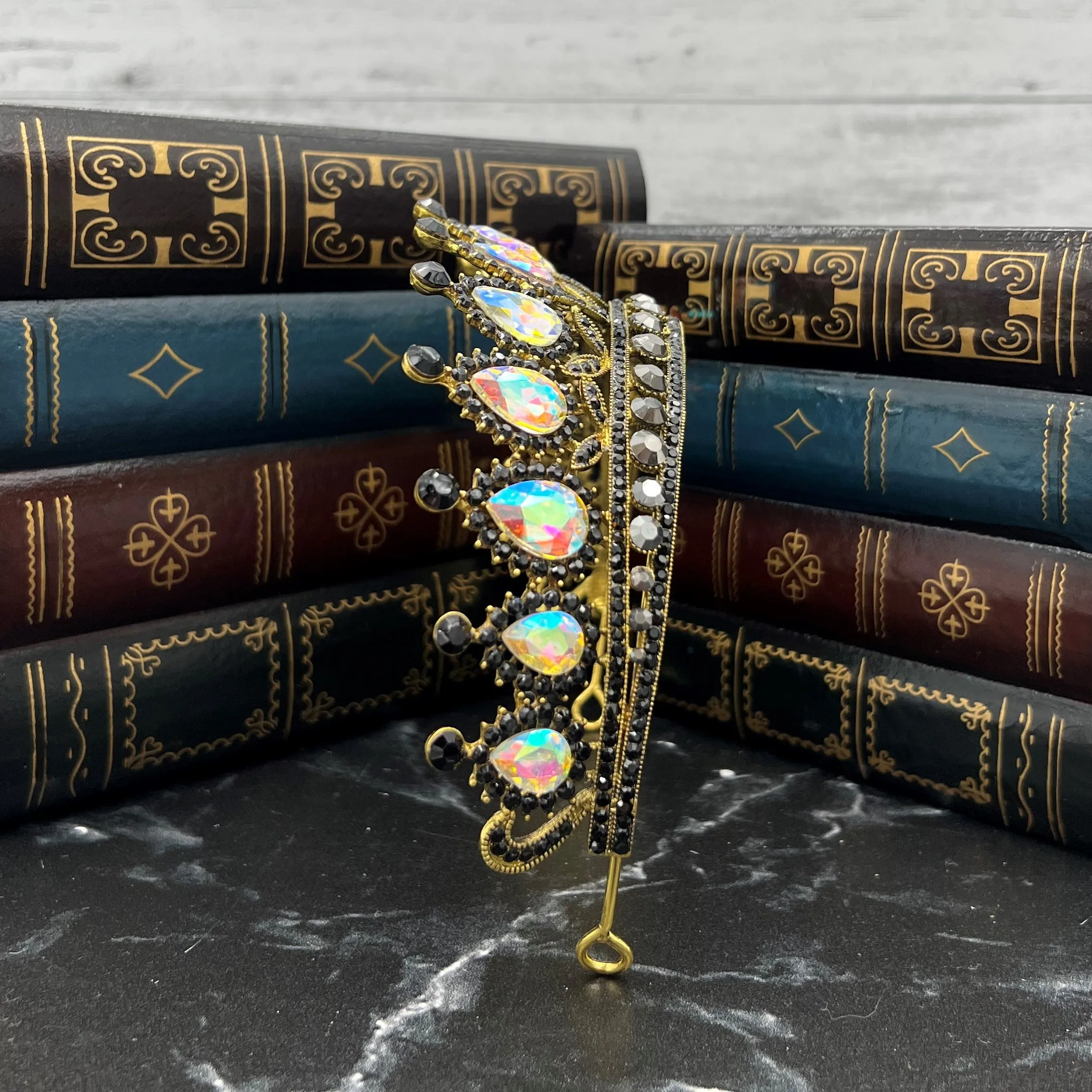 Saya's Tiara - Opal & Black in Antique Gold