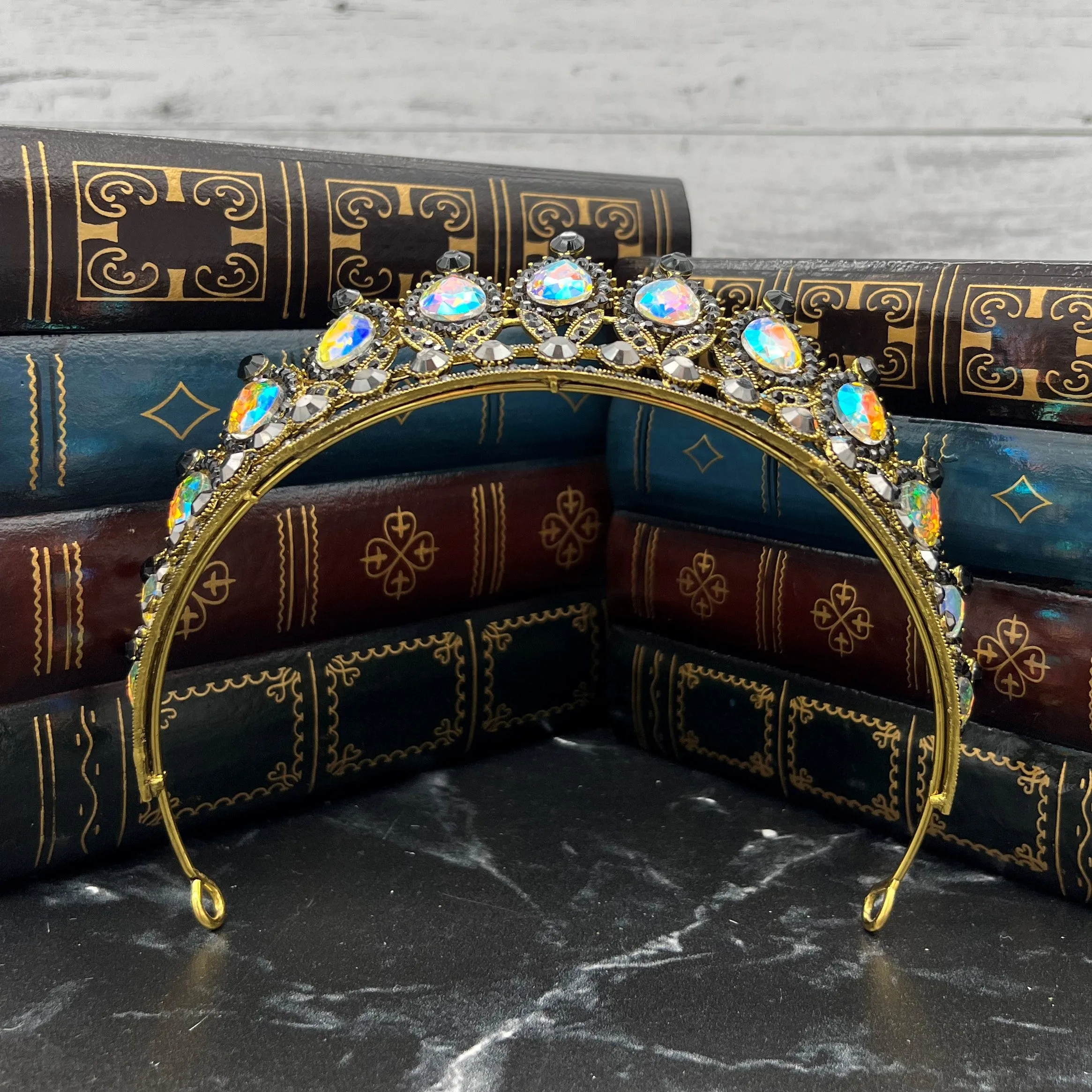 Saya's Tiara - Opal & Black in Antique Gold