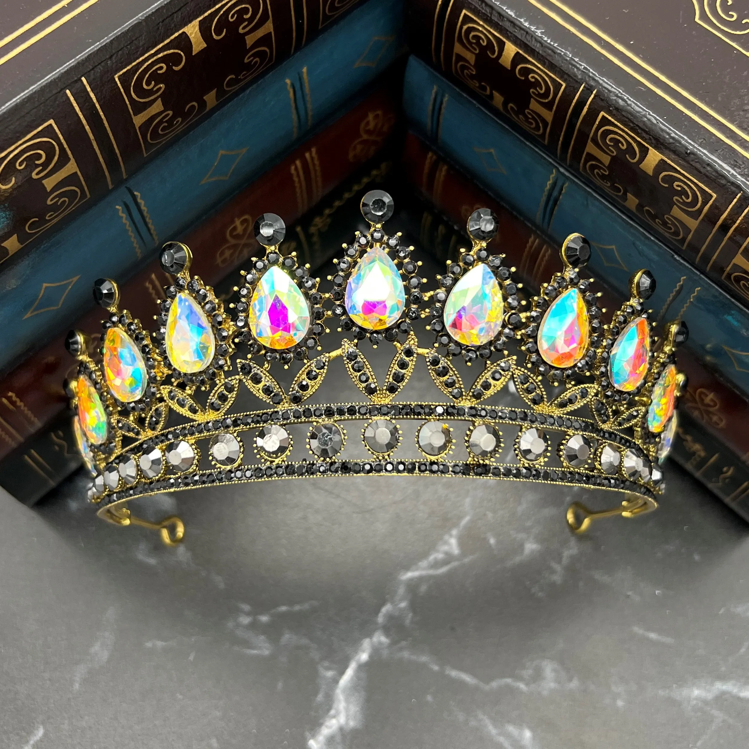 Saya's Tiara - Opal & Black in Antique Gold