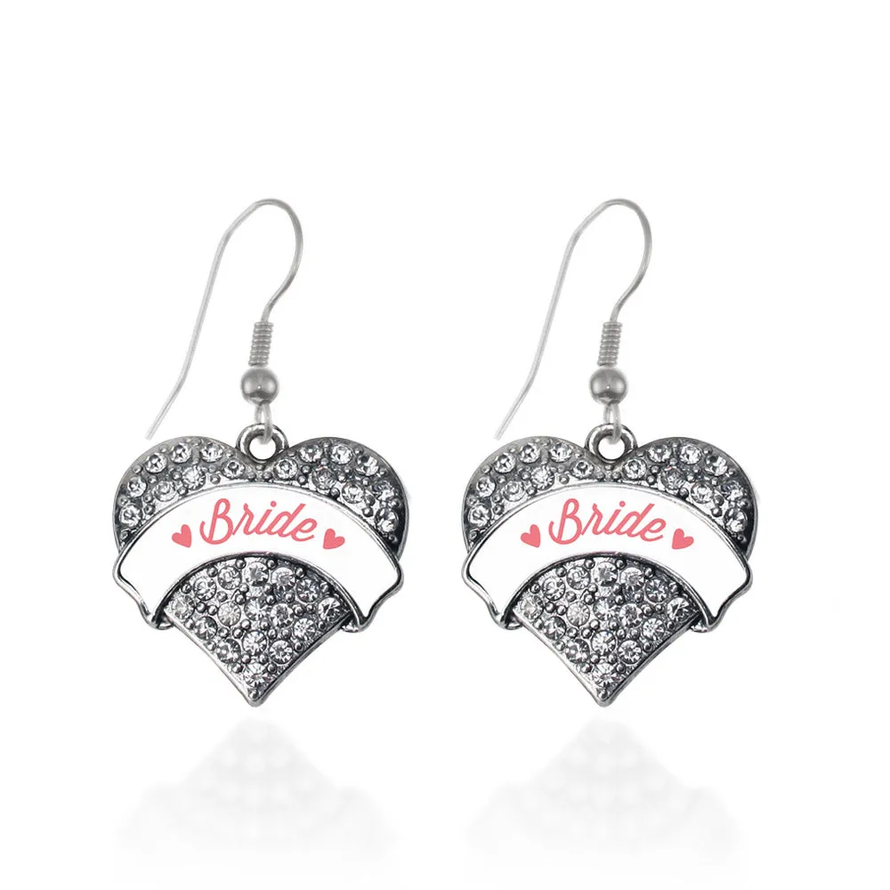 Silver Coral Bride Pave Heart Charm Dangle Earrings