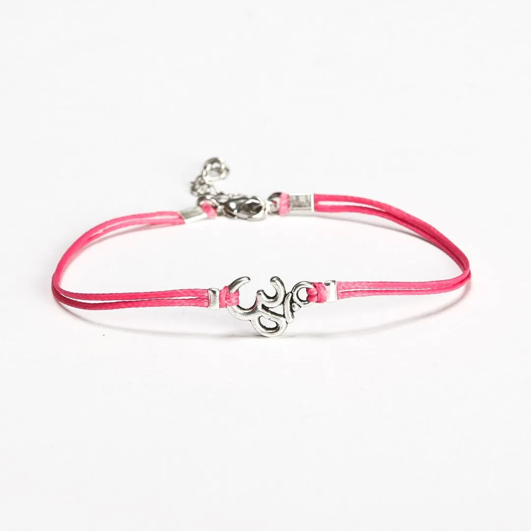 Silver Om anklet, pink cord, yoga jewelry, handmade gift for her