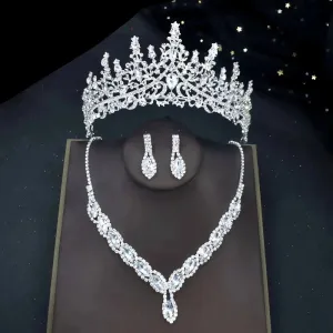 Silver Princess Crystal Tiara Fashion Crown Necklace Earring Set