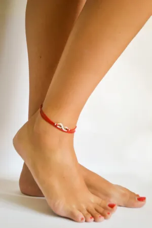 Silver tone infinity wrapped anklet, red cord, yoga gift for her