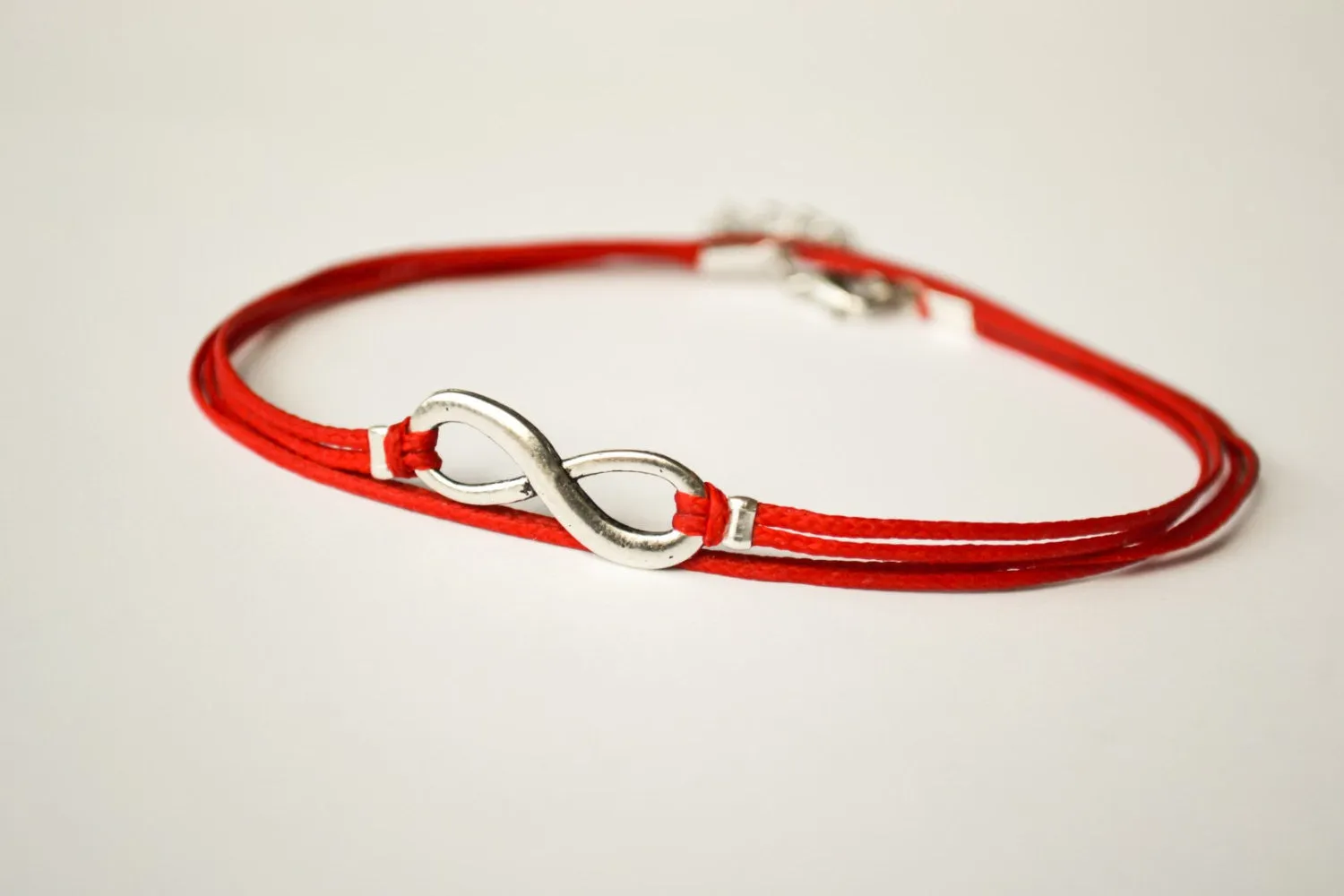 Silver tone infinity wrapped anklet, red cord, yoga gift for her