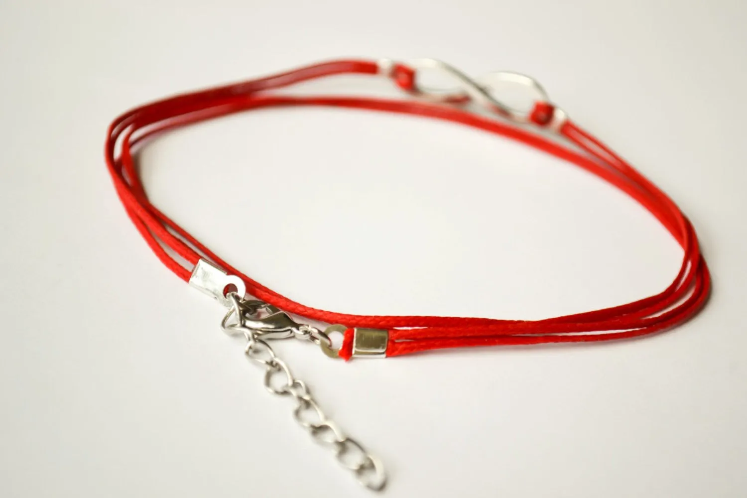 Silver tone infinity wrapped anklet, red cord, yoga gift for her