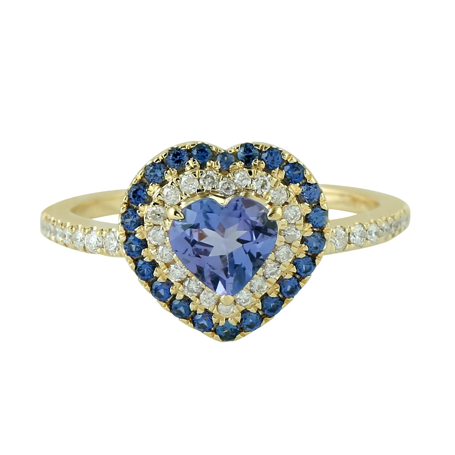 Solid Yellow Gold Heart Ring Tanzanite Ring Studded With Blue Sapphire