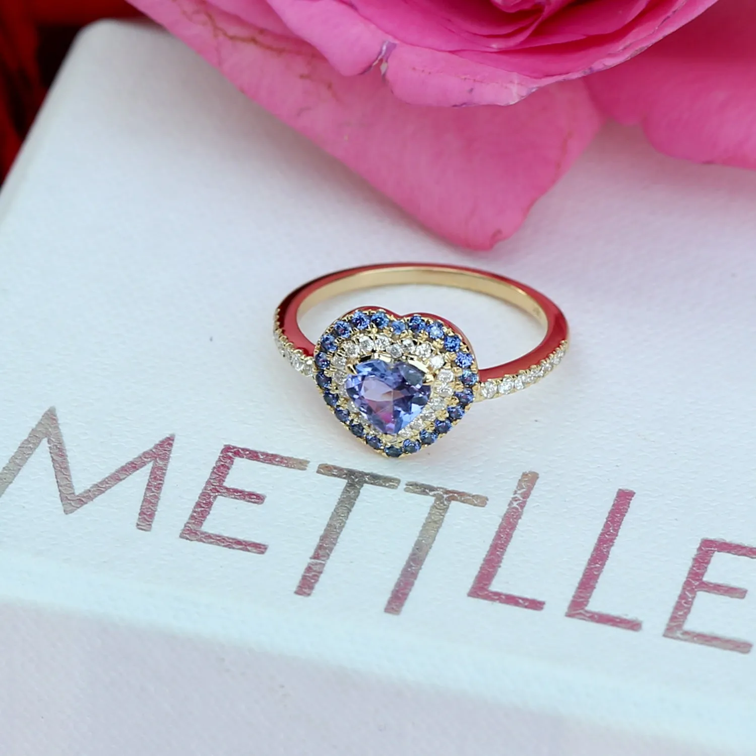 Solid Yellow Gold Heart Ring Tanzanite Ring Studded With Blue Sapphire