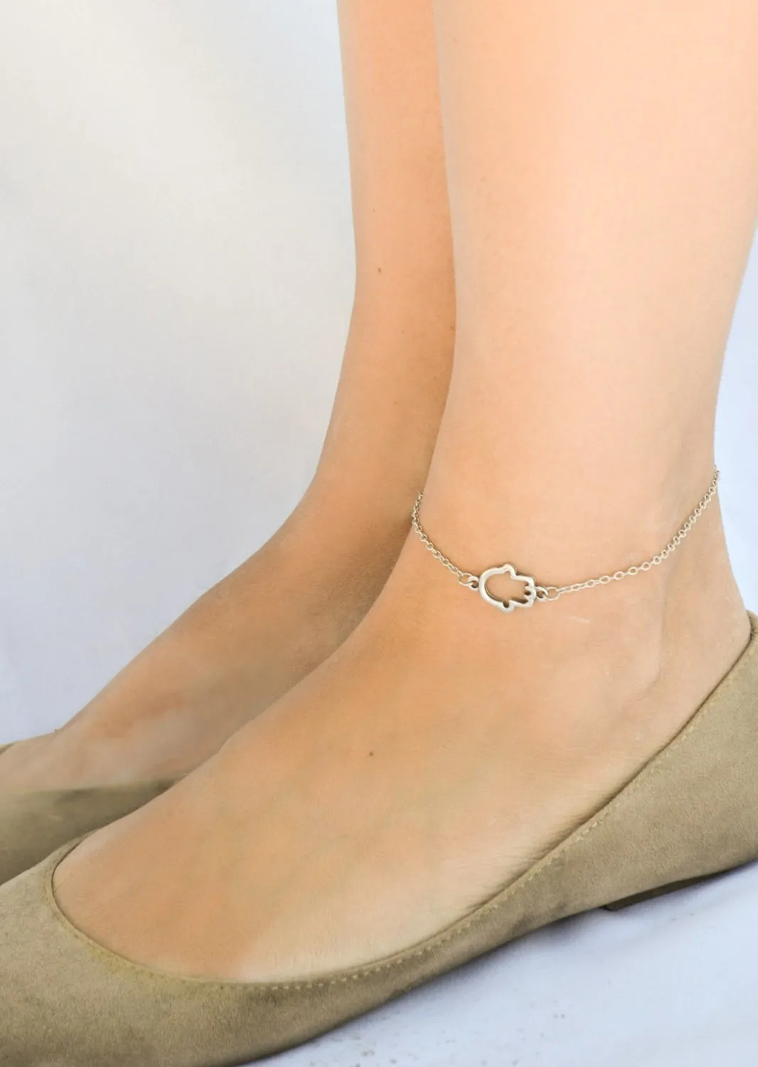 Stainless steel chain anklet with silver plated Hamsa charm