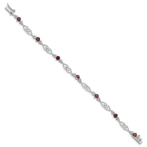 Sterling Silver Genuine Garnet and Diamond Filigree Hearts Bracelet