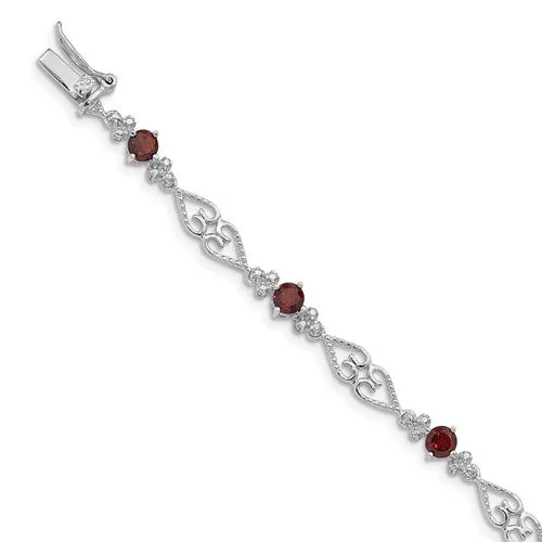 Sterling Silver Genuine Garnet and Diamond Filigree Hearts Bracelet