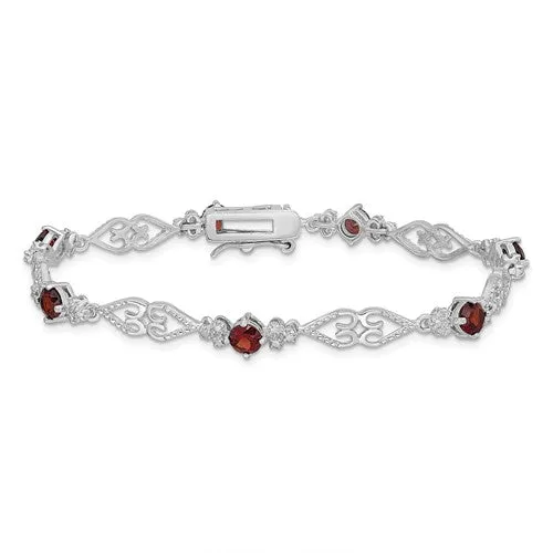 Sterling Silver Genuine Garnet and Diamond Filigree Hearts Bracelet