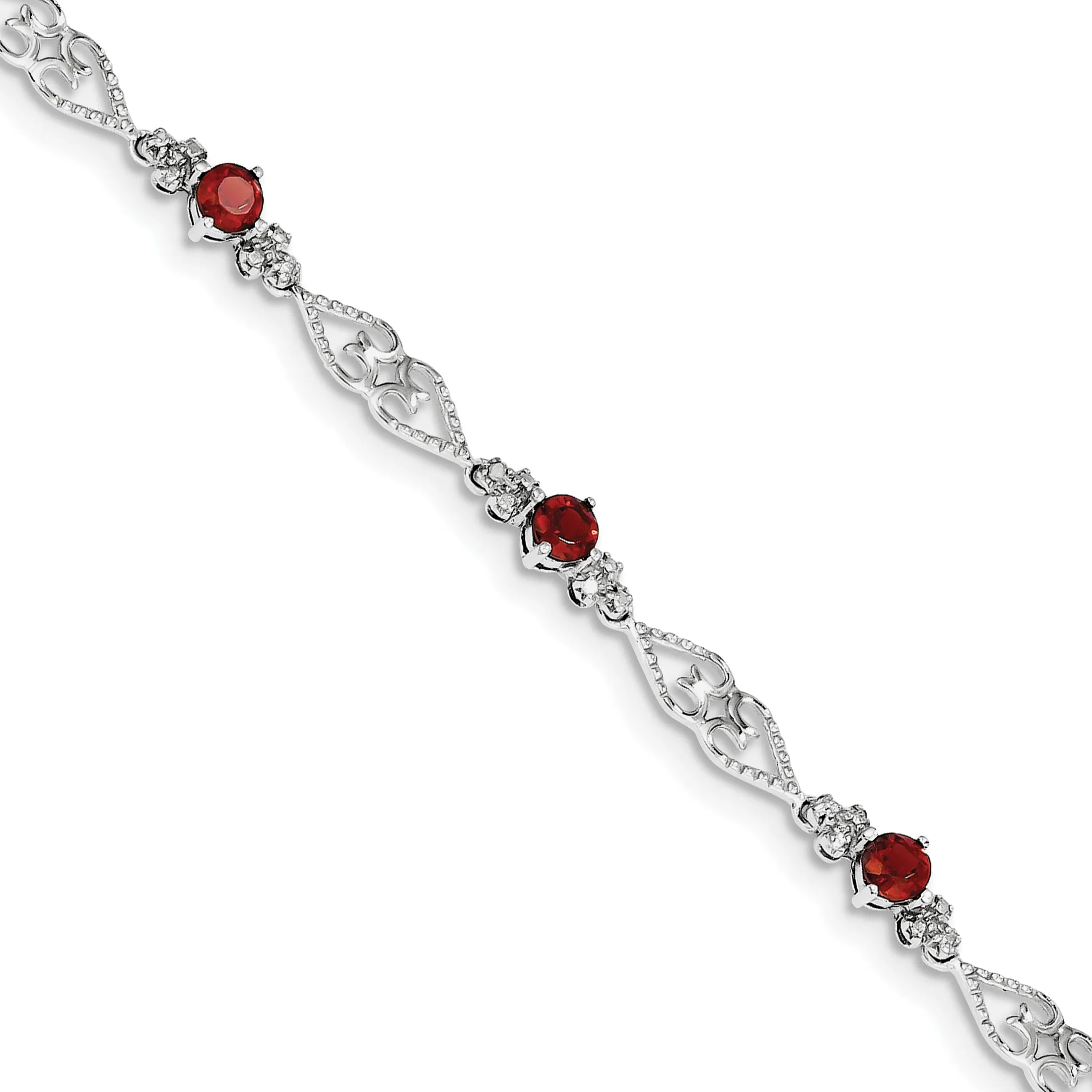 Sterling Silver Genuine Garnet and Diamond Filigree Hearts Bracelet