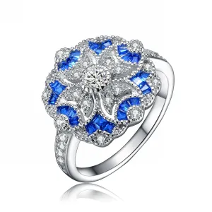 Sterling Silver Sapphire Cubic Zirconia Floral Cocktail Ring