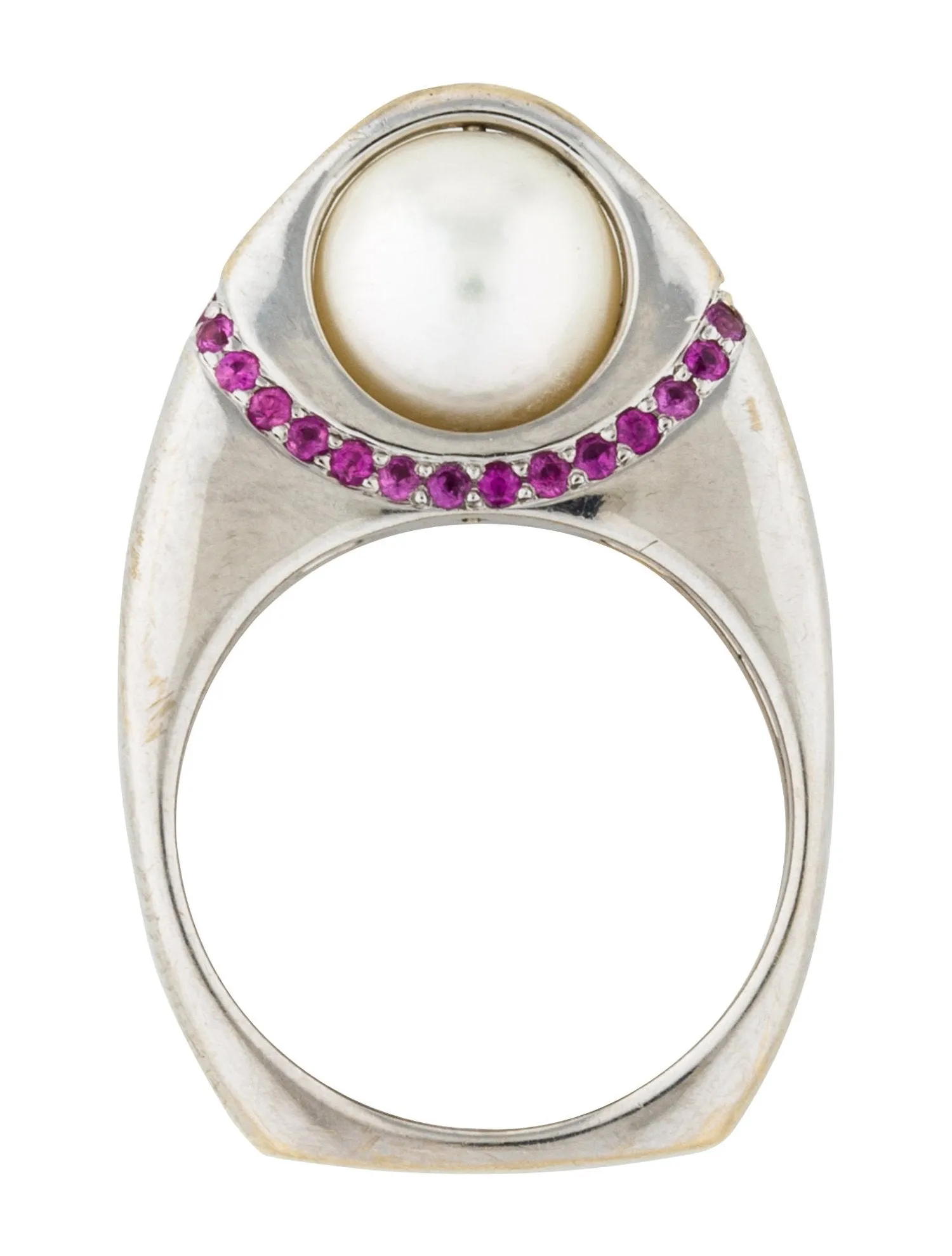 Stunning 18K White Gold Cultured Pearl Pink Sapphire Ring