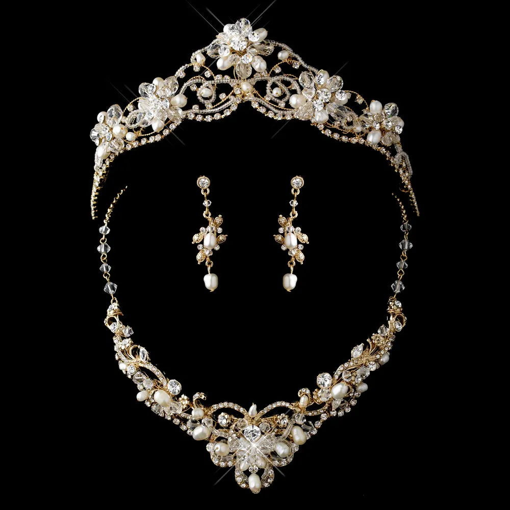 Swarovski Crystal & Freshwater Pearl Tiara Bridal Jewelry Sets