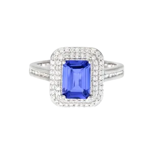 Tanzanite Octogon Double Decker Halo Ring in 18k White Gold