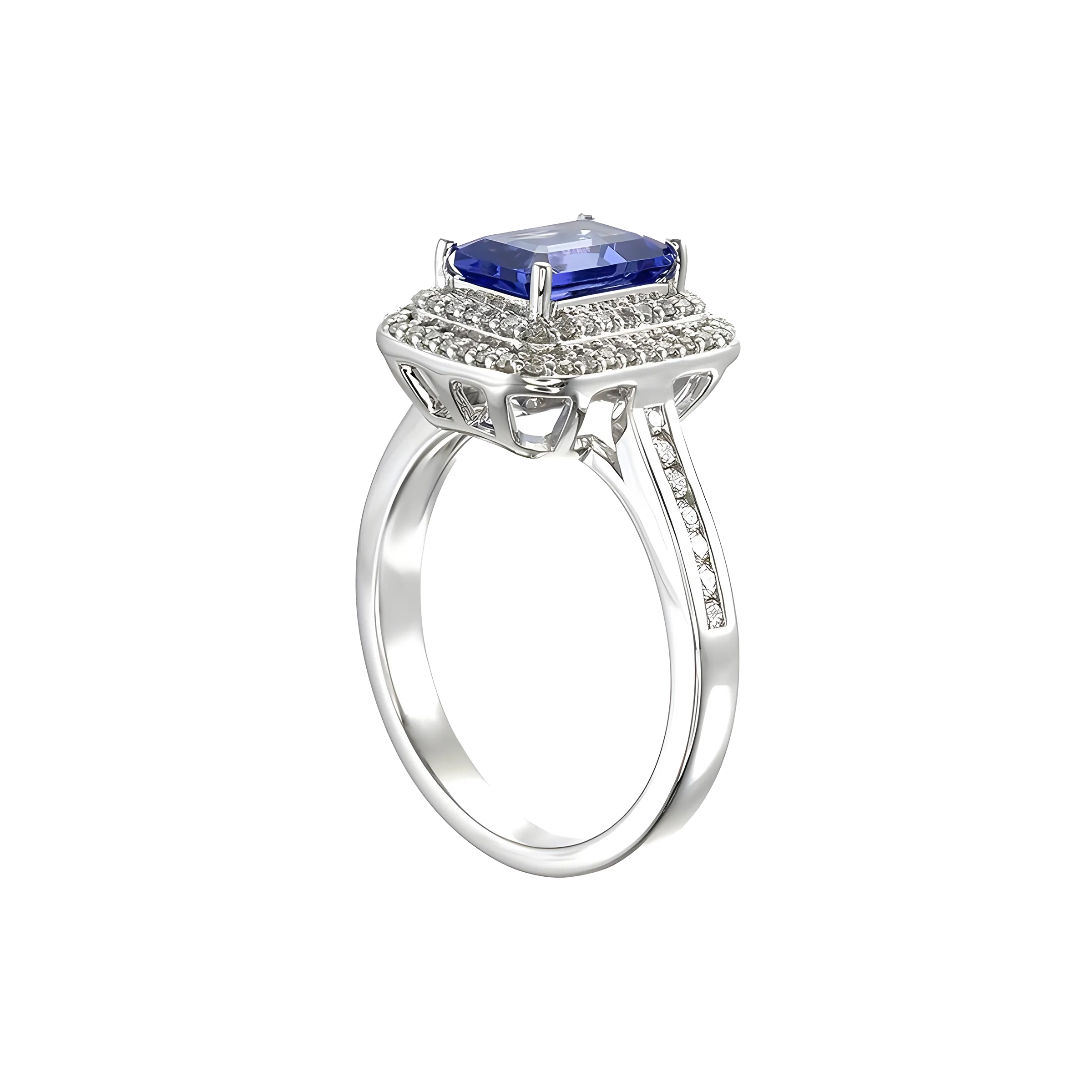 Tanzanite Octogon Double Decker Halo Ring in 18k White Gold