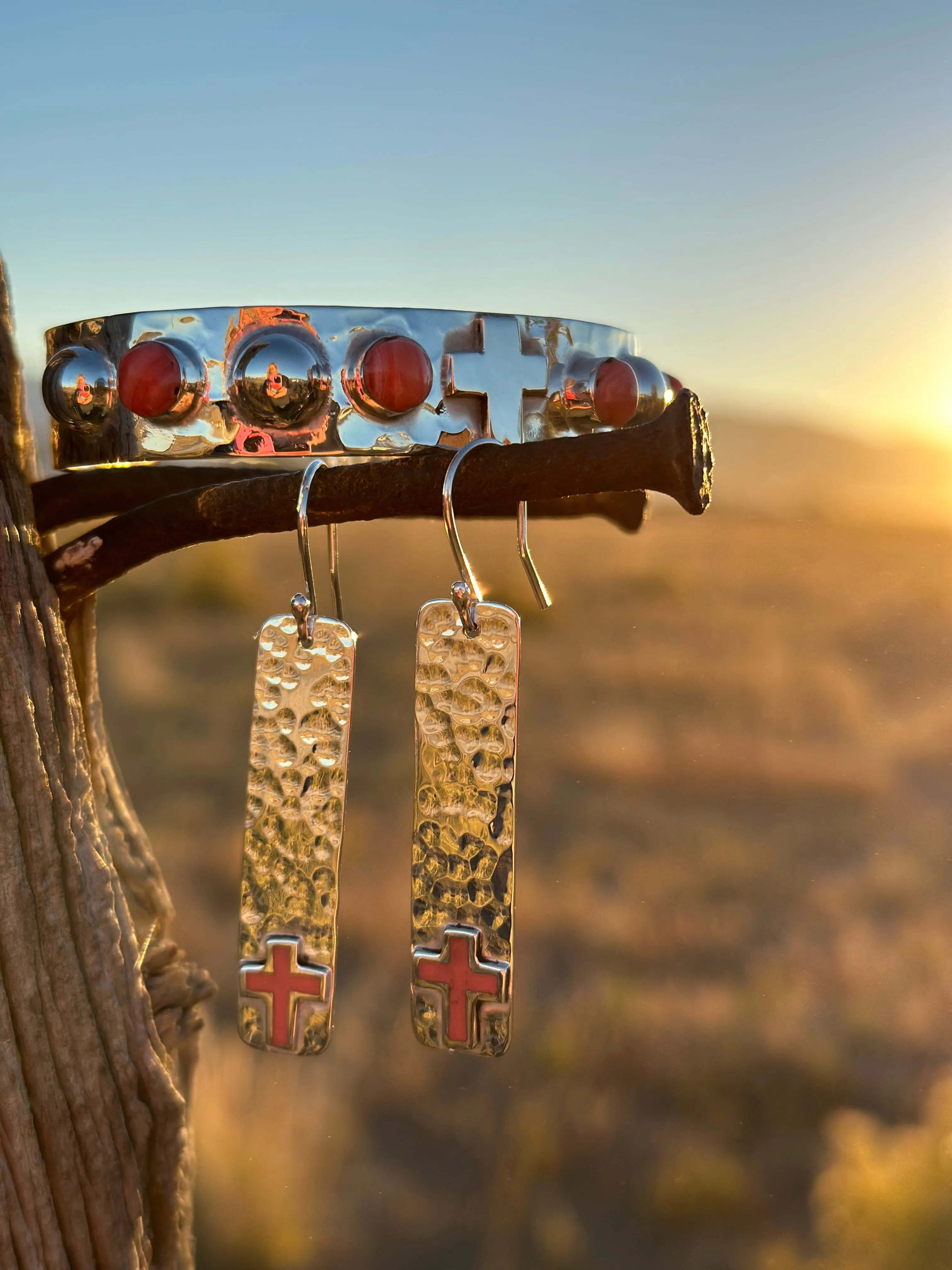 The Hammered Sterling Silver & Coral Cross Earring