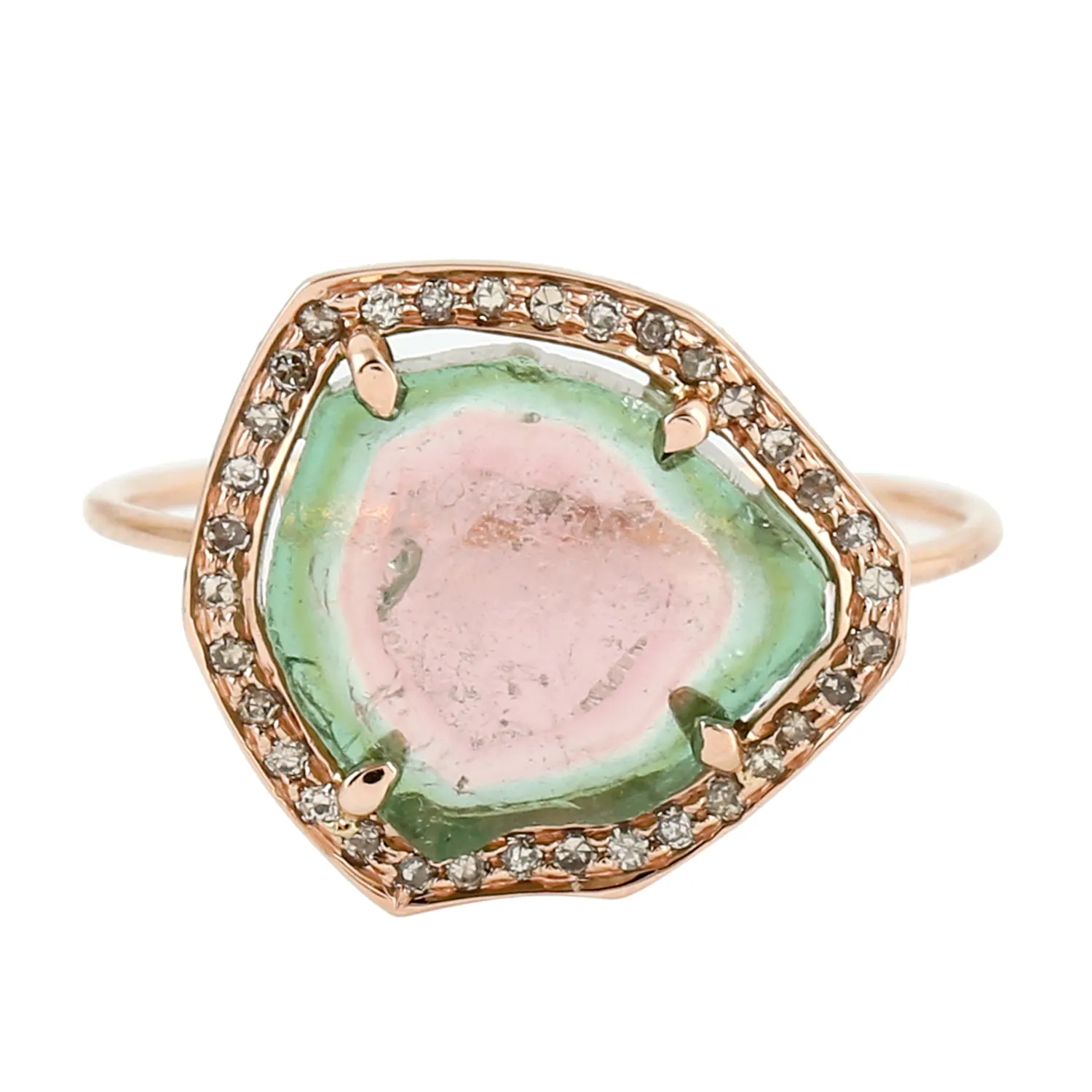 Tourmaline Melon Pave Diamond Unshaped 14k Rose Gold Cocktail Ring