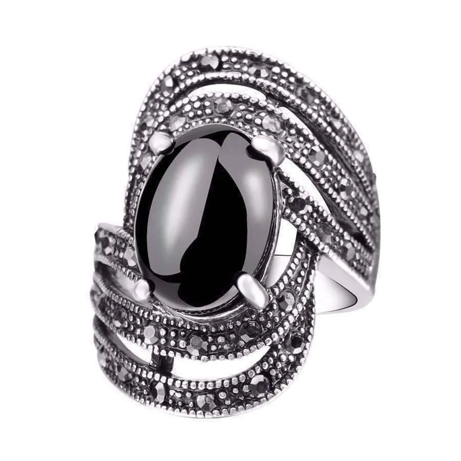 Tournée Oval Cabochon and Black Marcasite Cocktail Ring