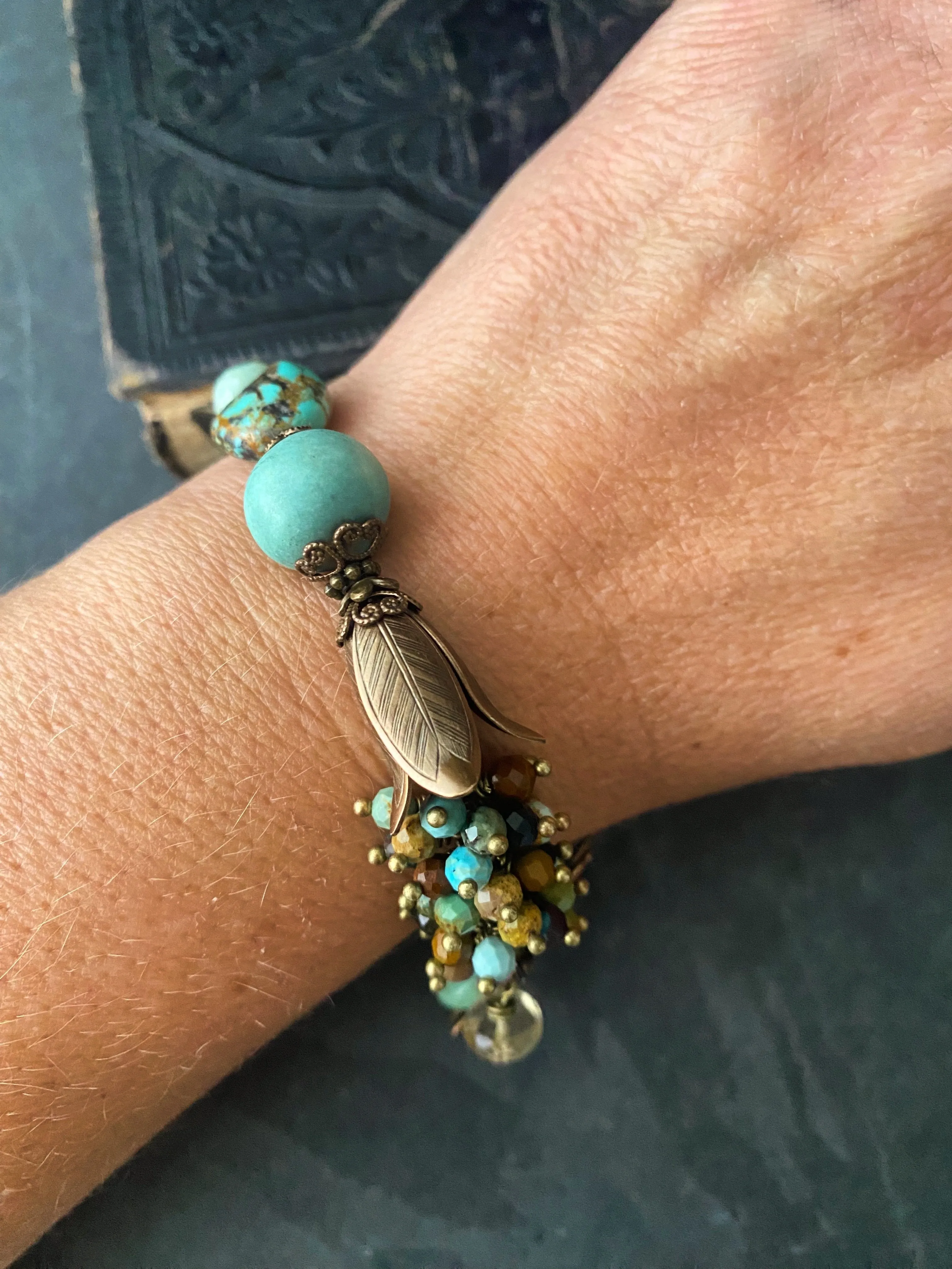 Turquoise, dragonfly, amazonite, ceramic, bronze metal, bracelet, jewelry