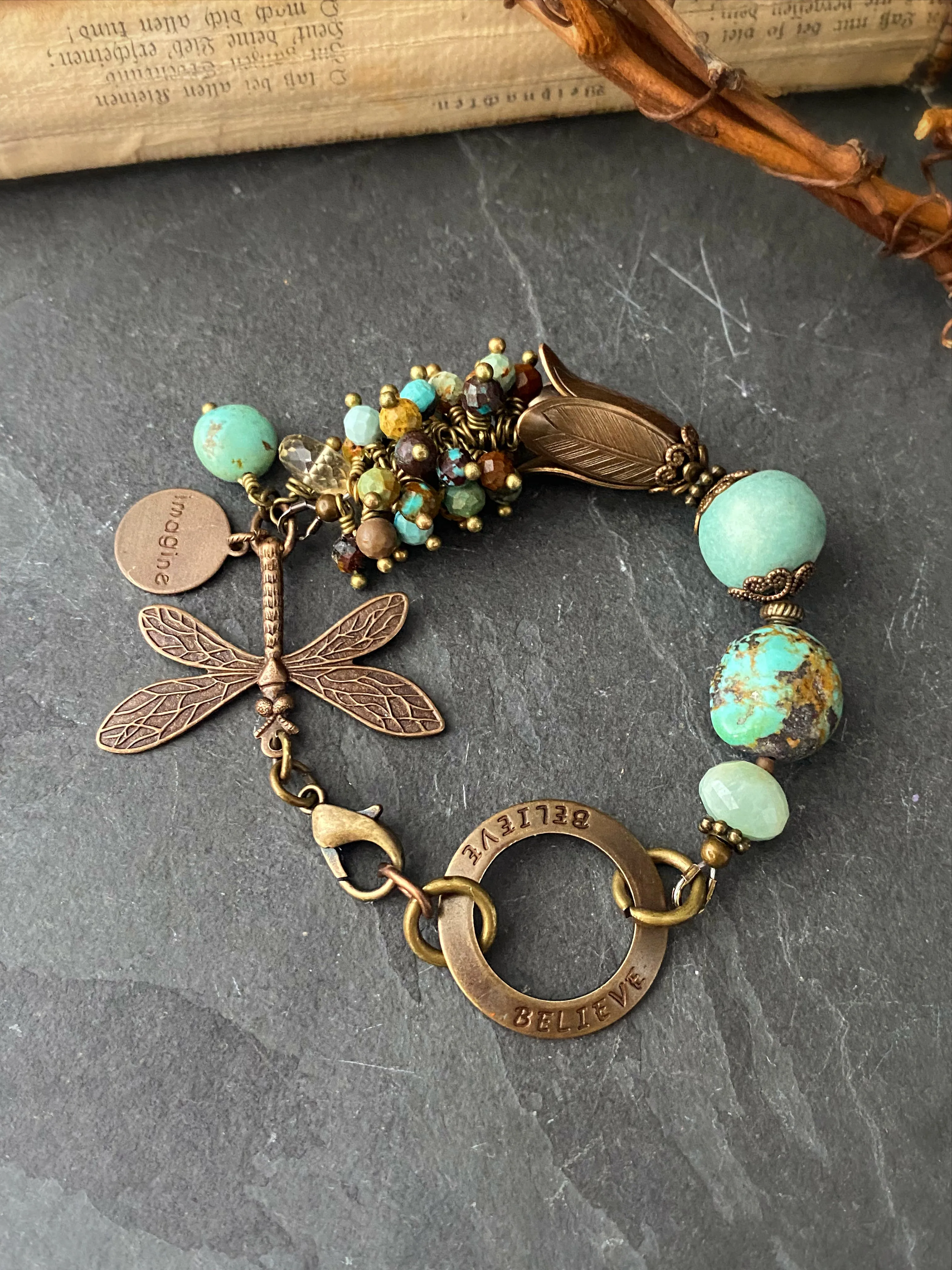 Turquoise, dragonfly, amazonite, ceramic, bronze metal, bracelet, jewelry