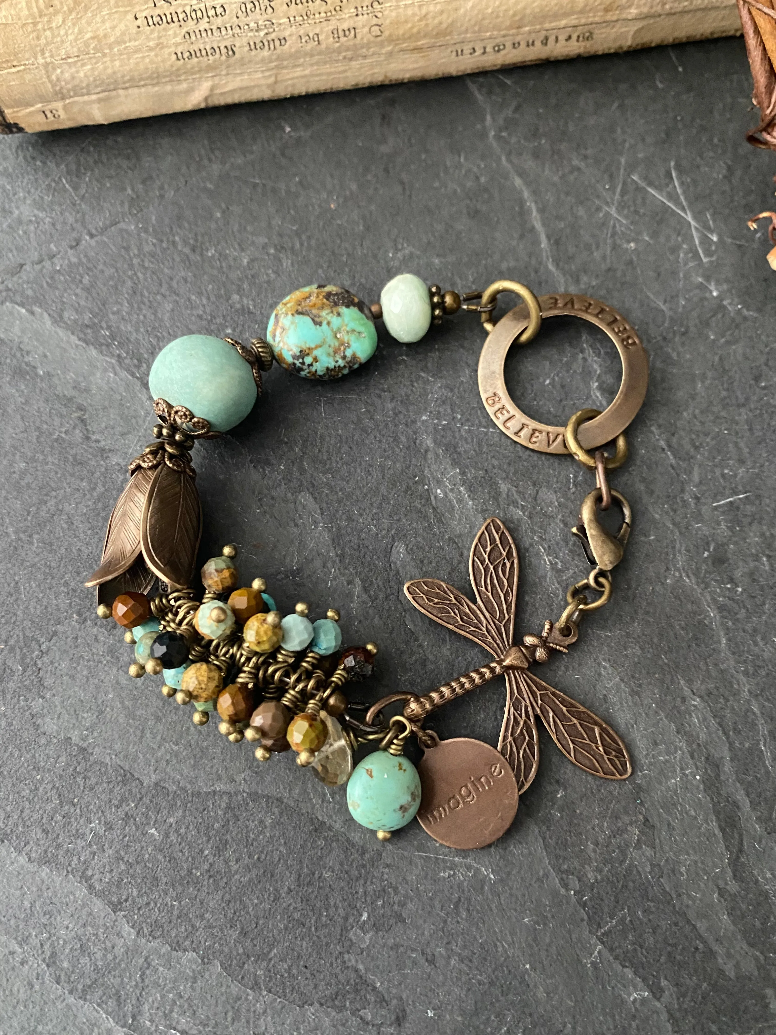 Turquoise, dragonfly, amazonite, ceramic, bronze metal, bracelet, jewelry