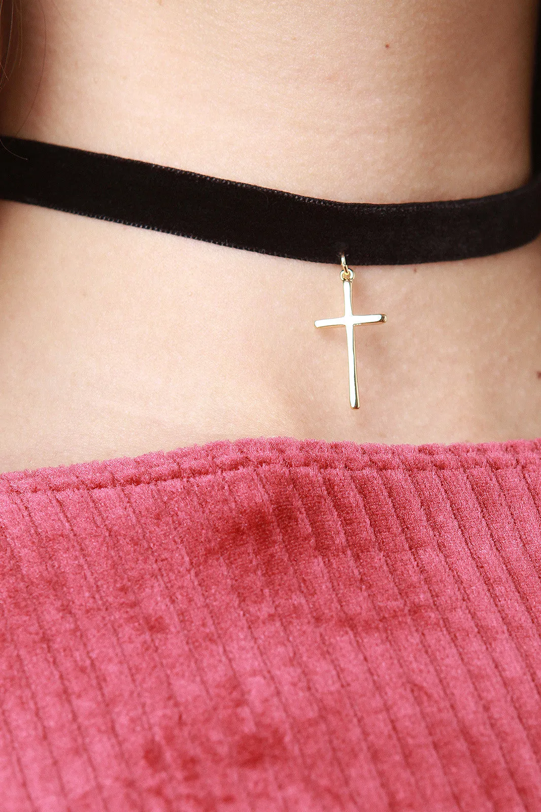 Velvet Cross Charm Choker Necklace